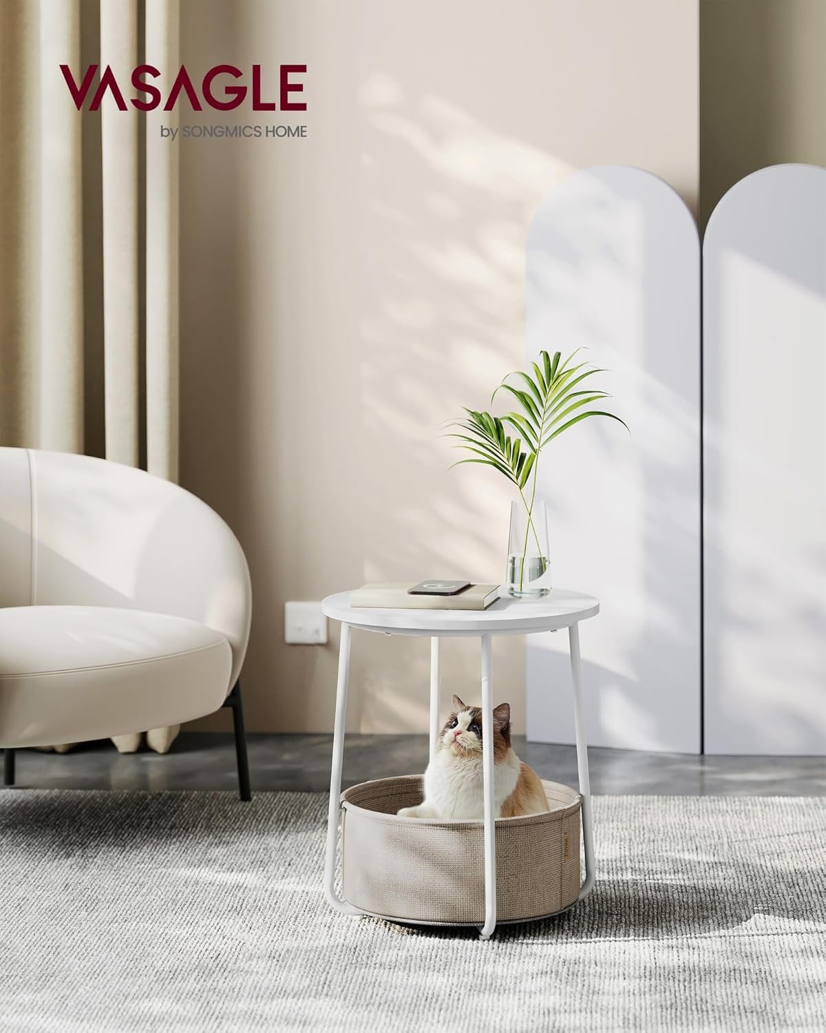 VASAGLE LILEA Collection - Small Round Side End Table, Modern Nightstand with Fabric Basket, Matte White and Camel Brown ULET223W10 - Image 2