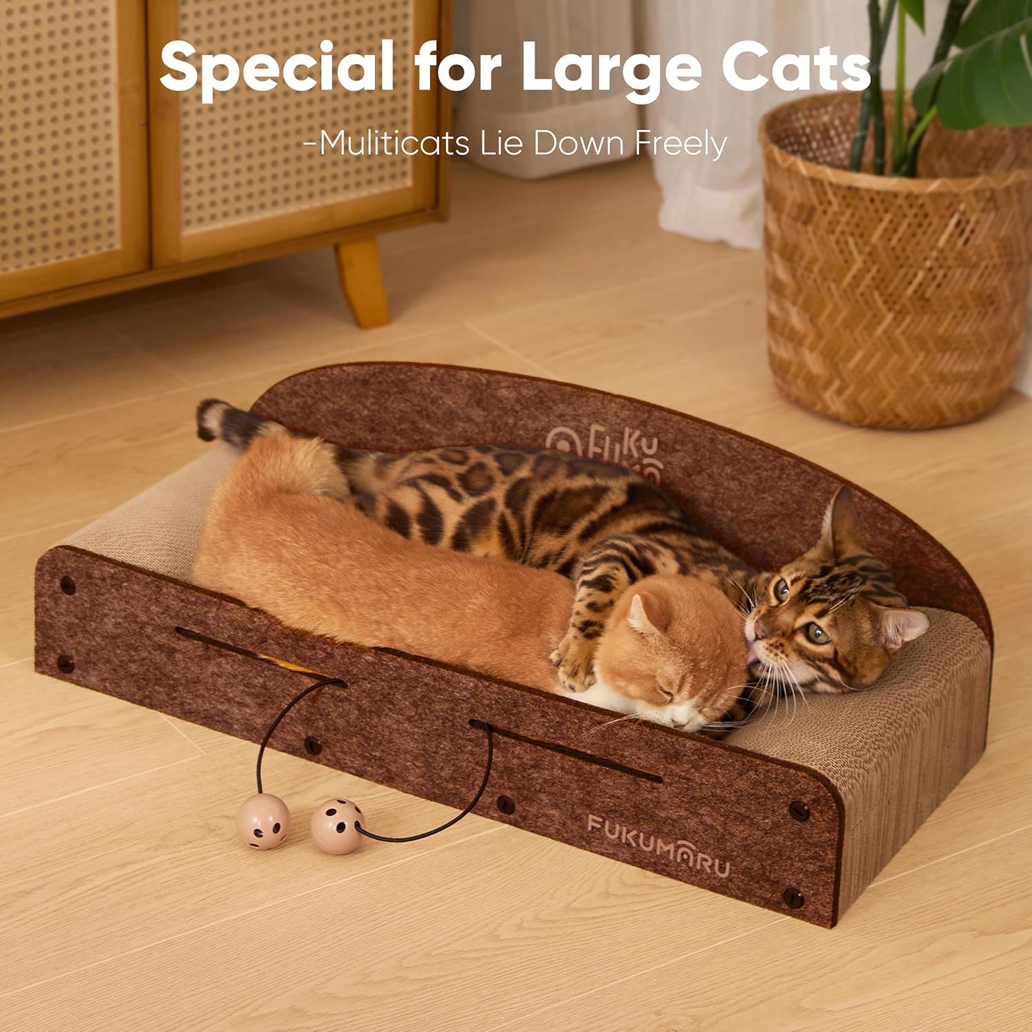 FUKUMARU 26 Inch Cat Scratcher Bed, 2 Reversible Cardboard Cat Scratch Pads Refill for Indoor Cats, Durable Large Cats Scratching Bed Sofa Couch Lounger with Fun Toys, Furniture Protector, Caramel - Image 4