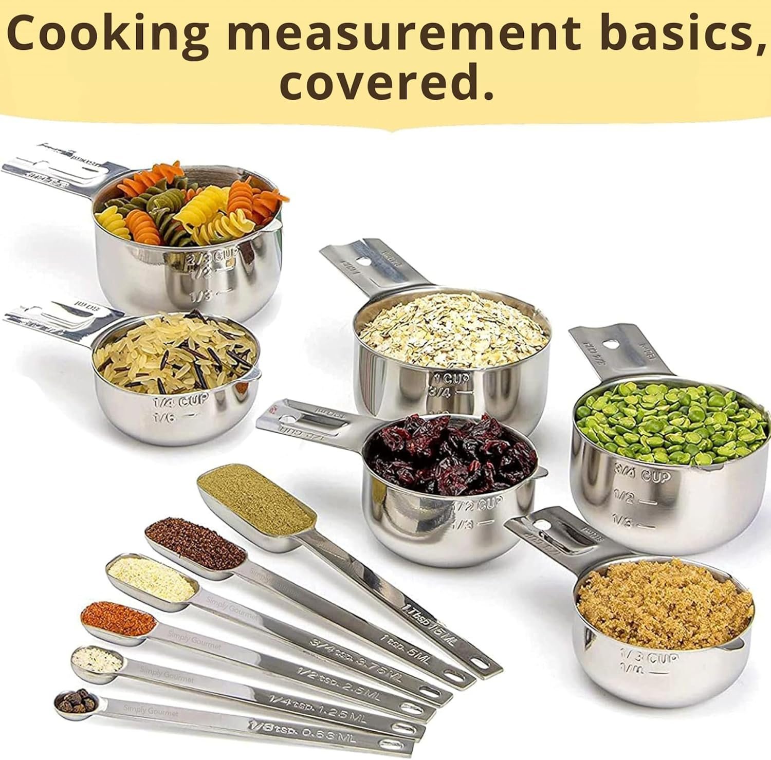 Simply Gourmet Measuring Cups & Spoons Set of 12, 18/08 Stainless Steel Kitchen Gadgets, Stackable Design with Long Handle Spoons, Fits in Spice Jars, Cooking & Baking Set for Dry & Liquid - Image 3