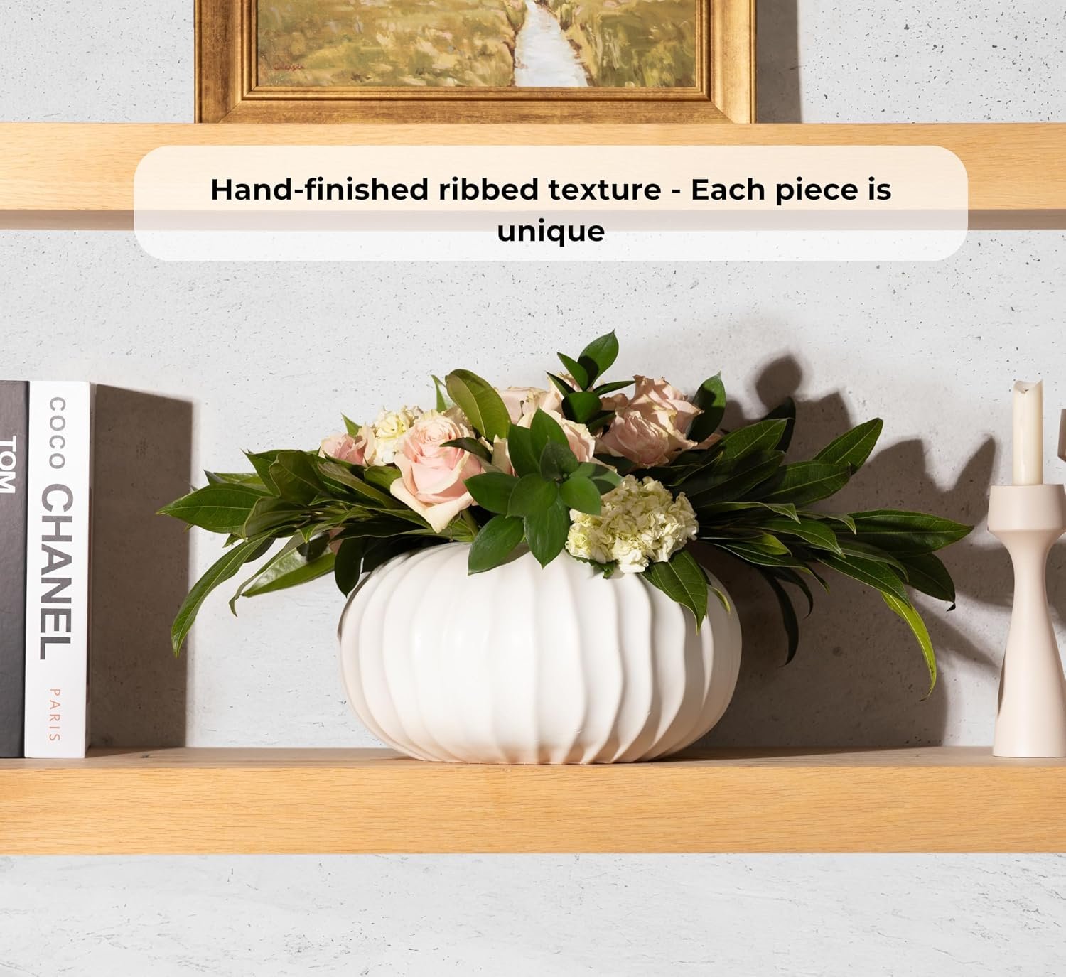 Pots & Patterns 11" Large White Ceramic Flower Vase - Modern Ribbed Low Profile Centerpiece for Dining Table & Home Decor - Image 2