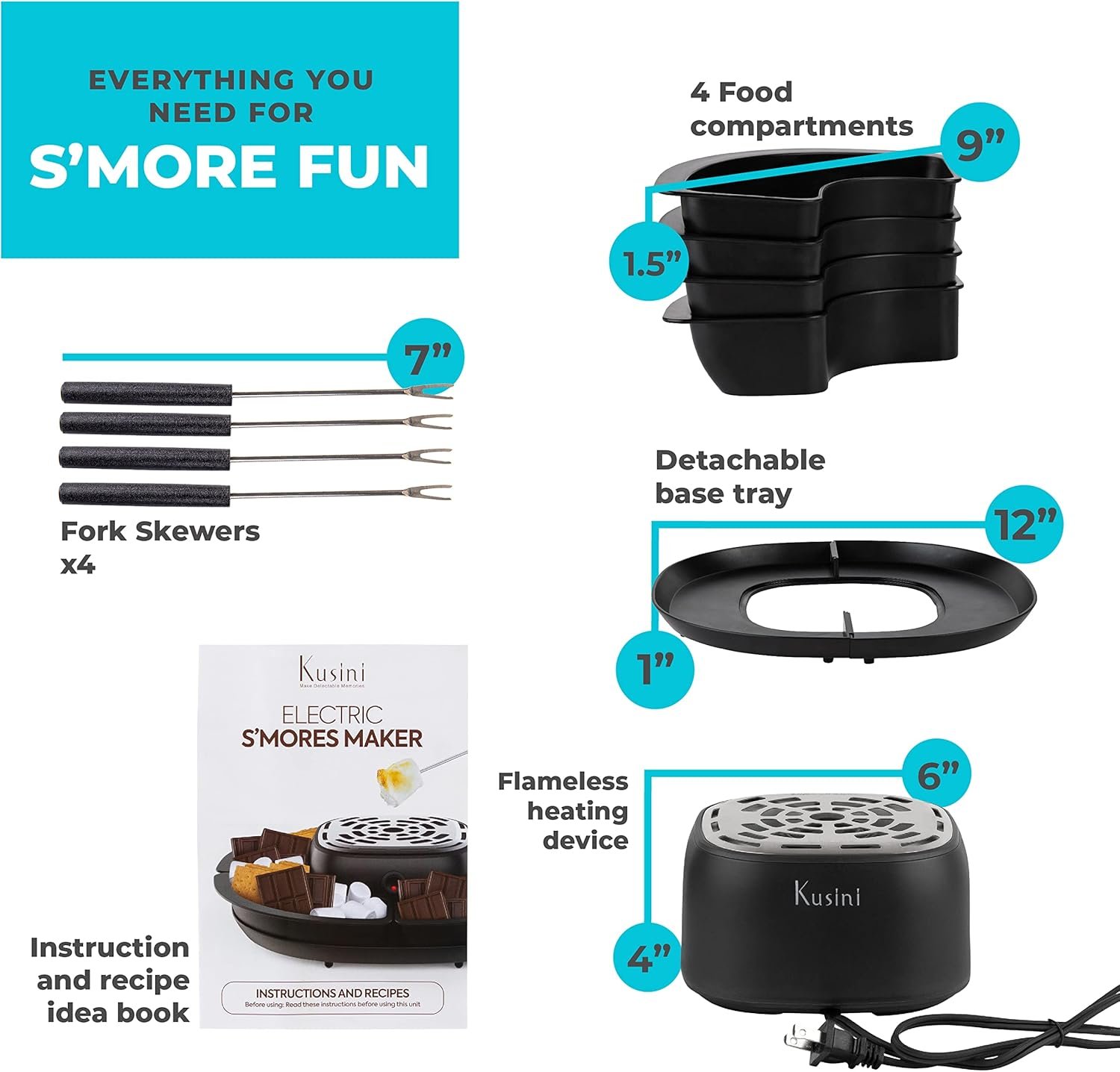 Kusini Smores Maker Tabletop Indoor - Flameless Electric Marshmallow Roaster – 4 Detachable Trays & 4 Roasting Forks – Gift Set & Date Night Idea. Movie Night Supplies & Housewarming Gift - Image 6