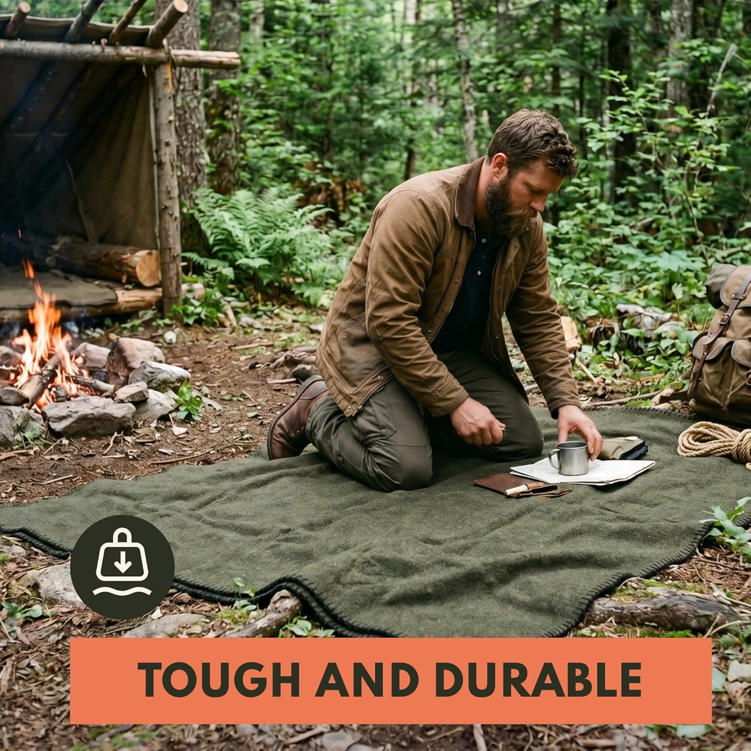 Woolly Mammoth Woolen Co. | Extra Large Merino Wool Camp Blanket | Perfect Outdoor Gear | for Bushcraft, Camping, Trekking, Hiking, Survival, or Throw Blanket at the Cabin (Bark), 66" x 90" - Image 7