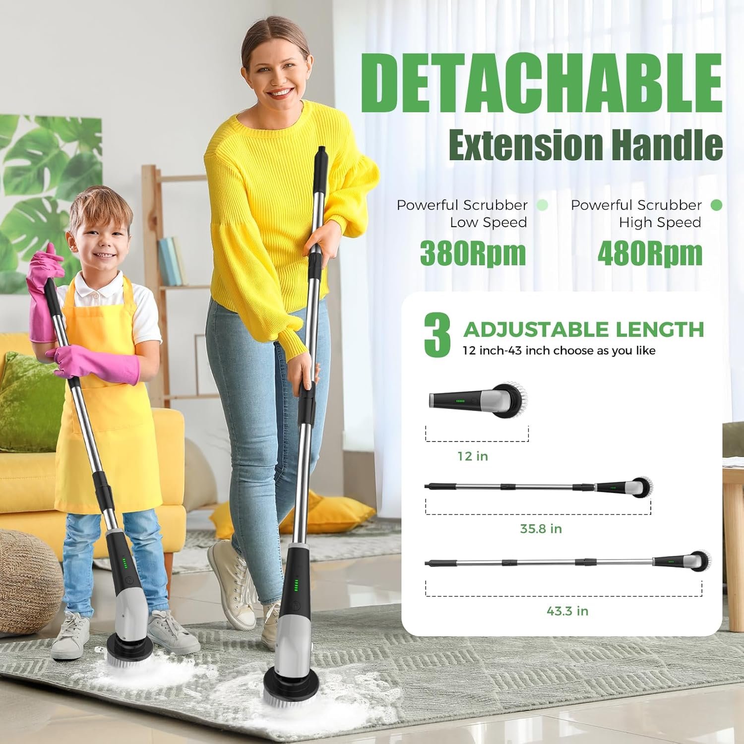 YKYI Electric Spin Scrubber, Cordless Cleaning Brush with 8 Replaceable Brush Heads, Power Scrubber with Adjustable Extension Handle for Bathroom, Tub, Tile, Floor and Kitchen Cleaning (Grey) - Image 2