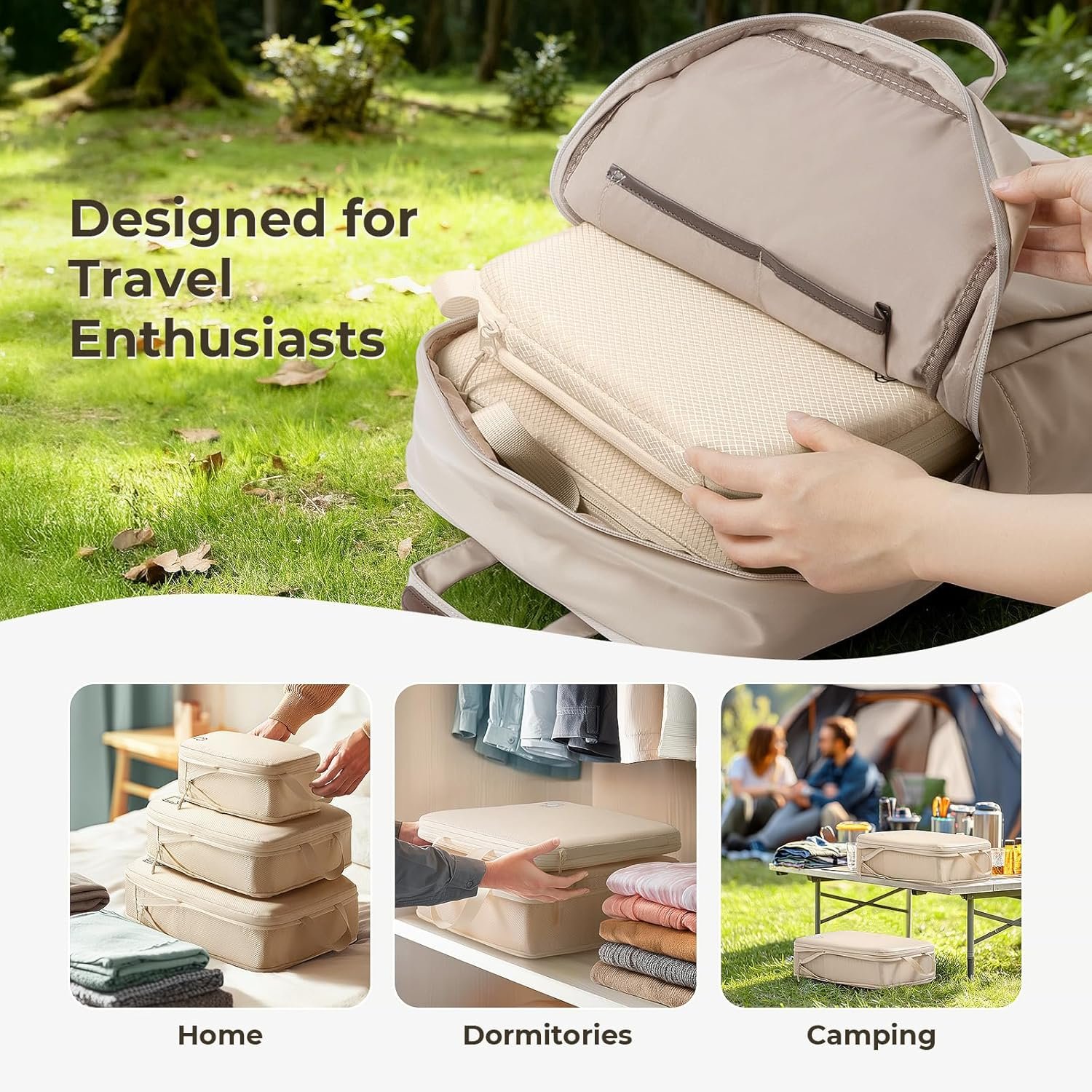 Samfolk Compression Packing Cubes for Suitcases, Ultralight Packing Cubes for Backpack Waterproof Luggage Packing Organizers Expandable Packing Cubes for Travel Accessories and Essentials 8 Set Beige - Image 9