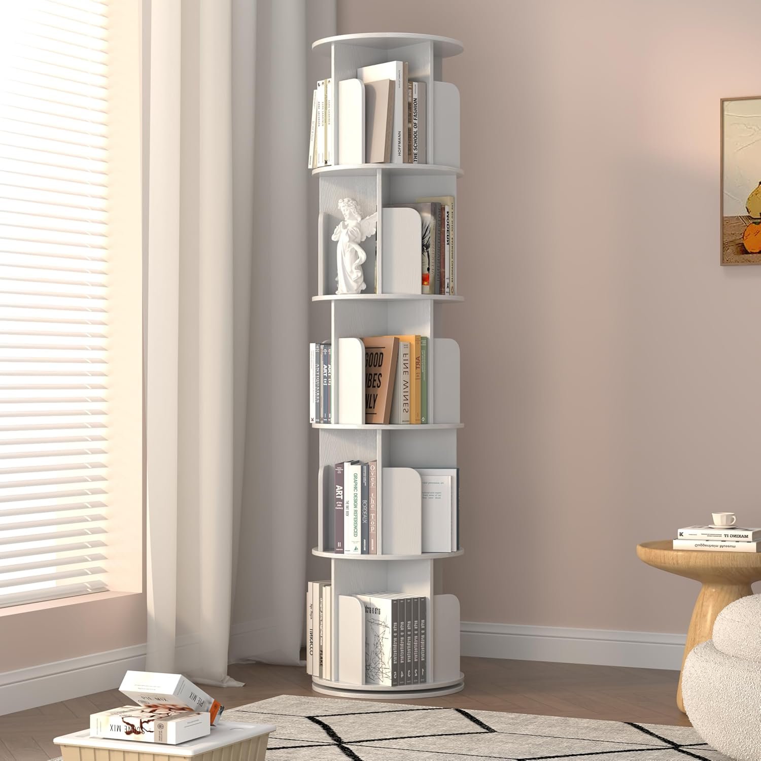 Rotating Bookshelf 5 Tier Tower, Round Spinning Bookcase 360° Revolving, MDF Kids Bookshelf with Adjustable Shelves for Small Spaces, Corner, Office, Easy Assembly Sturdy Organizer