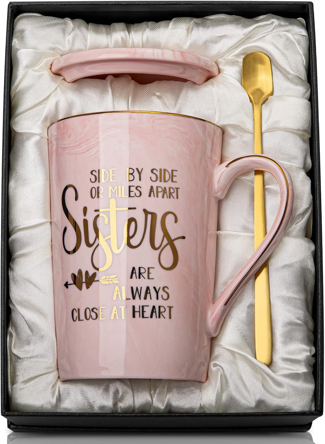 Sister Birthday Gifts - Sister Gifts for Sisters from Brother Sisters, 14Oz Pink Marble Ceramic Coffee Cup with Gold Print Coffee Mug with Spoon Lid Card Nice Box