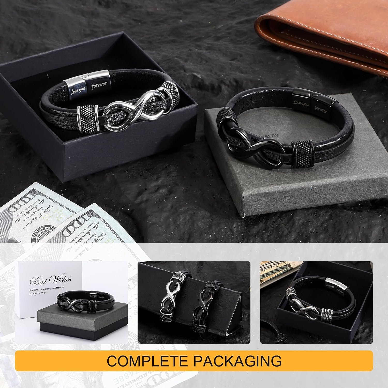 HSM Stylish Mens Bracelet with Engraved 'Love You Forever' – Premium Leather Bracelet for Men – Durable & Comfortable Wristband for Husband, Boyfriend - Image 2