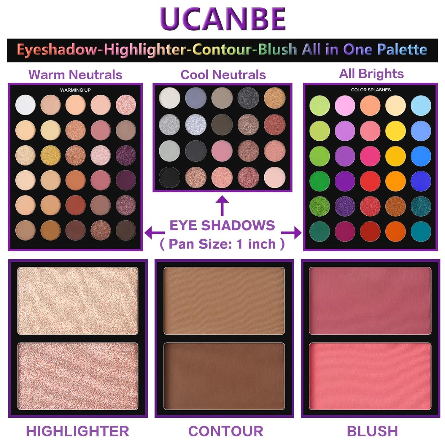 UCANBE Eyeshadow Palette with 15Pcs Brushes Makeup Set, Pigmented 86 Colors Make Up Sets Valentine's Day Gift, Matte Shimmer Glitter Eye Shadow Pallet Highlighter Contour Blush Powder Brush Beauty Kit - Image 3