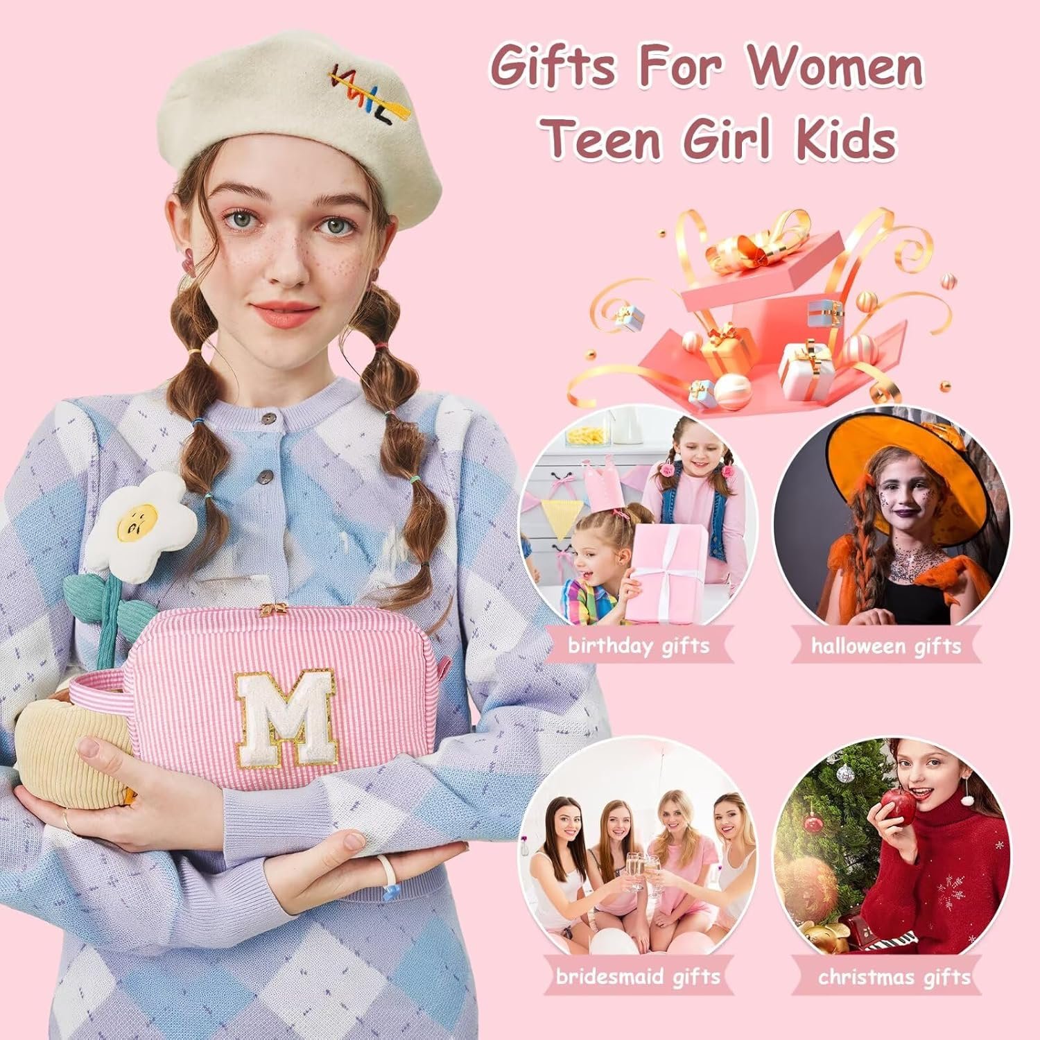 YOOLIFE Gifts for Girls Women - Initial Makeup Bag Cosmetic Bag Toiletry Pouch, Personalized Birthday Gifts for 3 4 5 6 7 8 9 10 Year Old Girl Sister Friends, Pink A - Image 3