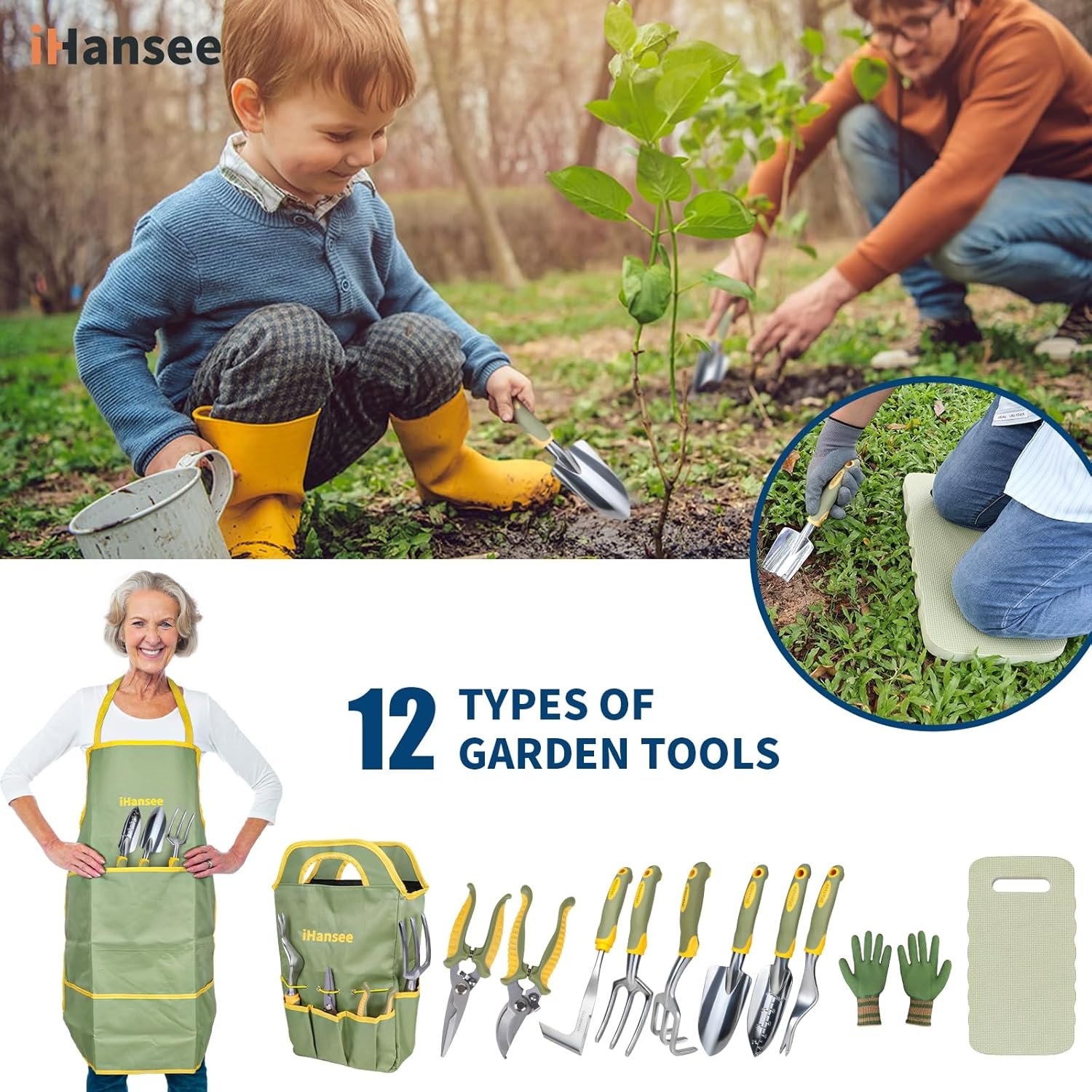 Set of 12 Garden Tools, iHansee Heavy-Duty Aluminum Gardening Tools Set with Rubber Non-Slip Handle, Garden Apron, Gloves, Kneeling Pad & Storage Bag, Ideal Gardening Gifts for Women Men Gardeners - Image 7