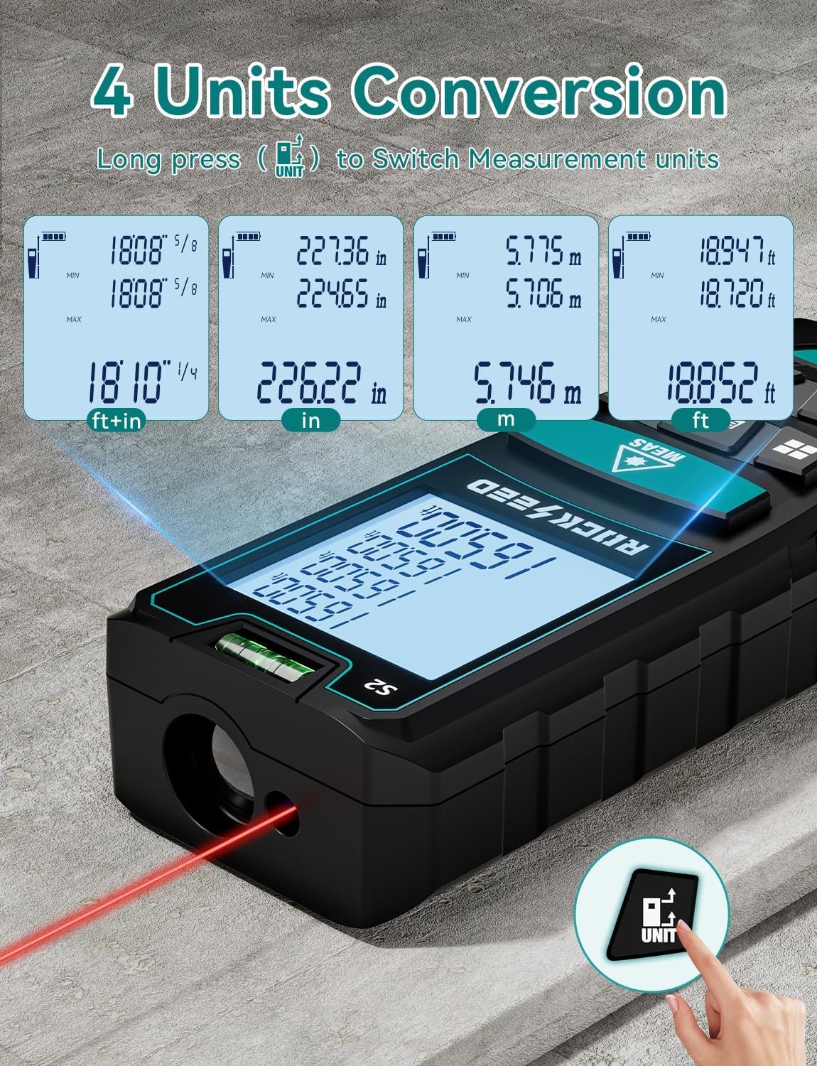 Laser Measure 50M/165ft,RockSeed Digital Laser Distance Meter with 2 Bubble Levels,Portable M/in/Ft Unit Switching Backlit LCD and Measuring Distance/Area/Volume/Pythagorean - Image 4