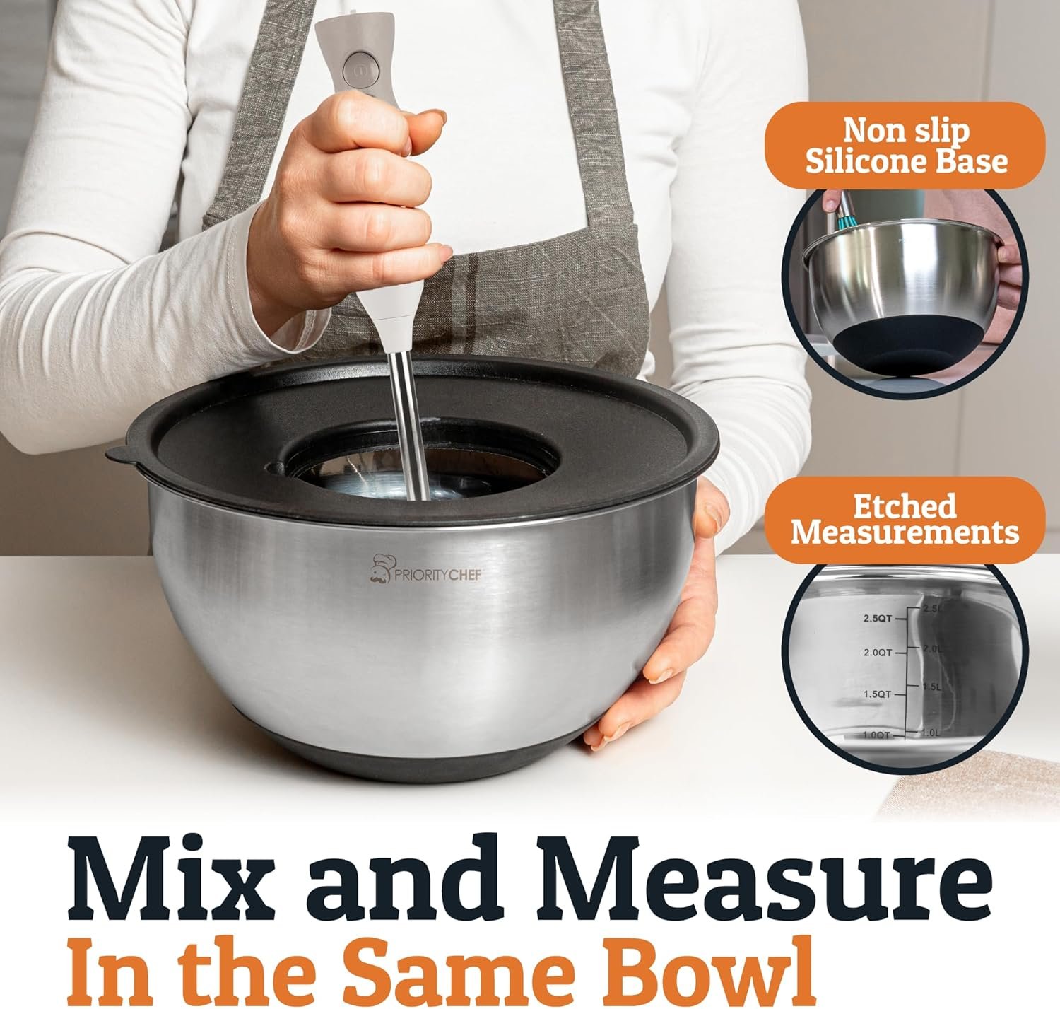 Priority Chef Stainless Steel Mixing Bowls with Lids Set, 3 Grater Attachments, Airtight Lids, Non-Slip Silicone Base Mixing Bowl Set, Large Prep Metal Mixing Bowls for Kitchen, Black - Image 2