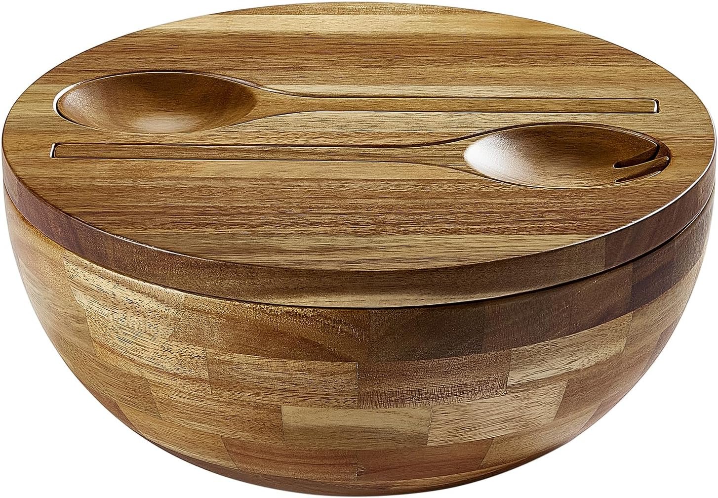Acacia Wooden Salad Bowl with Lid, Built-in Acacia Wood Utensils, 10.5" Large Wood Serving Bowls for Fruits, Salad, and Vegetables, Big Wood Salad Bowls Set 4-Piece, All-in-One Design - Image 2