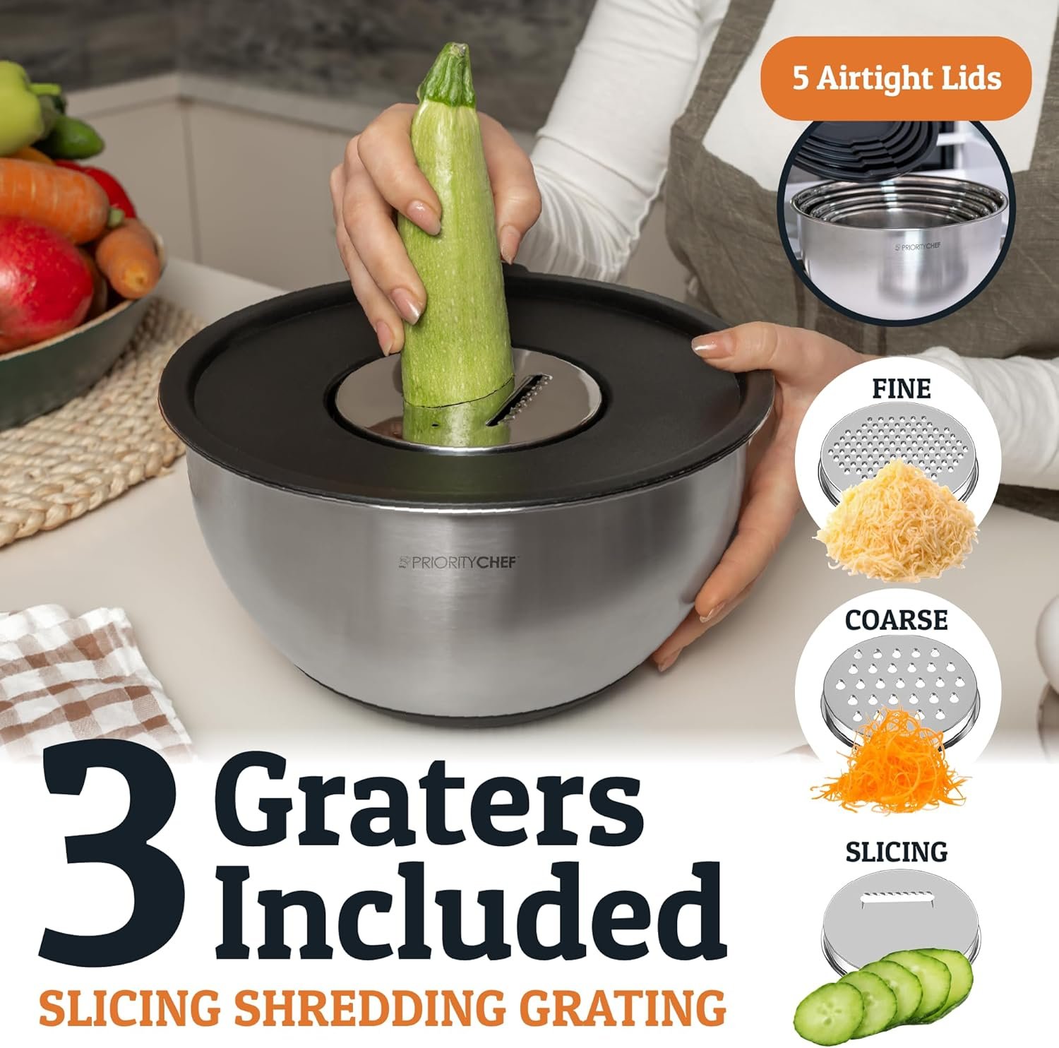 Priority Chef Stainless Steel Mixing Bowls with Lids Set, 3 Grater Attachments, Airtight Lids, Non-Slip Silicone Base Mixing Bowl Set, Large Prep Metal Mixing Bowls for Kitchen, Black - Image 8