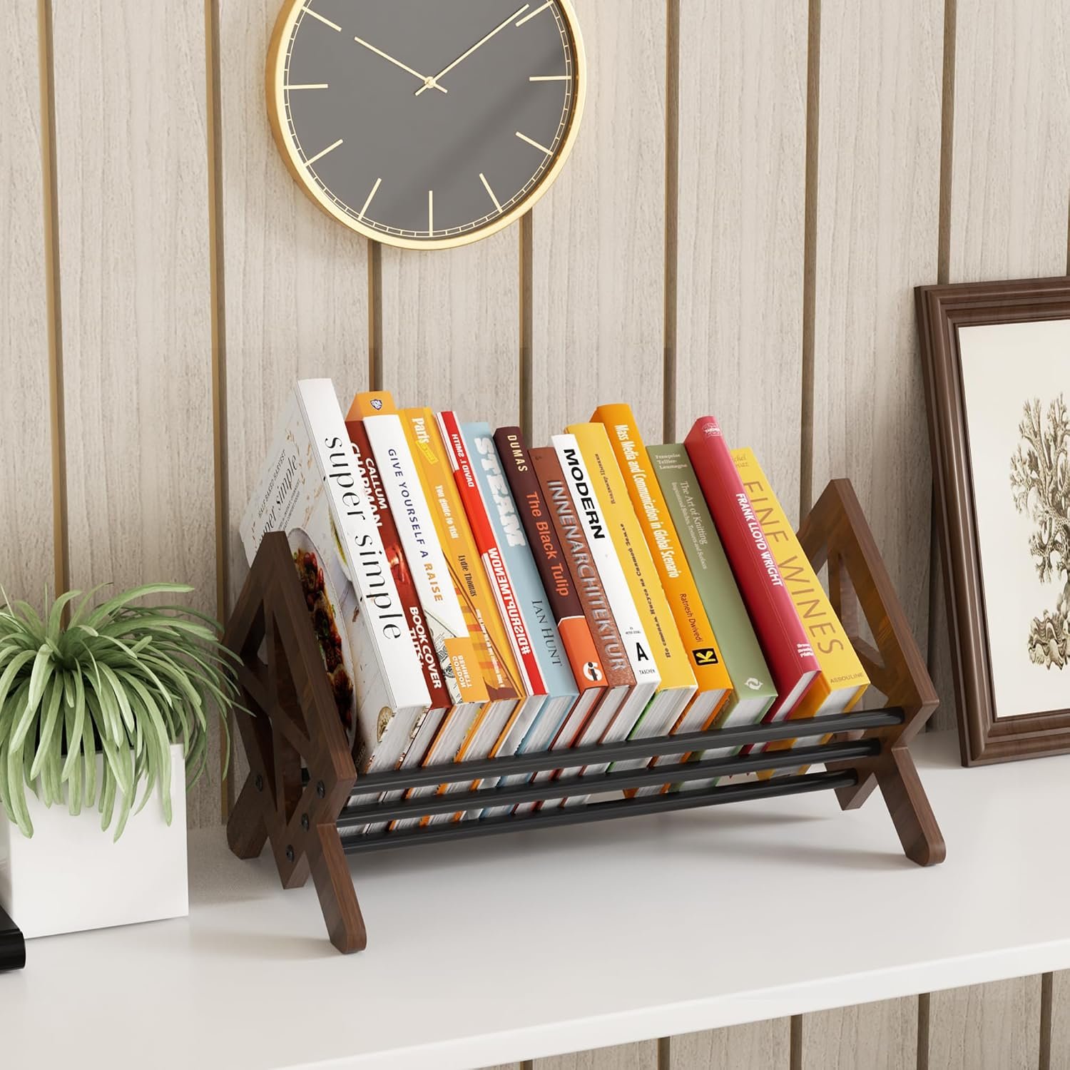 Desktop Bookshelf Organizer, Wood Office Tabletop Book Storage Rack, Tilting Bookcase for Books/CDs/Magazine Display (Black) - Image 5