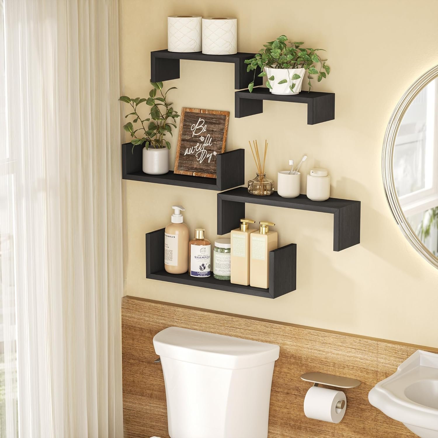 SRIWATANA Floating Shelves for Wall, Wall Shelves for Bathroom, Bedroom, Living Room, Kitchen, Office, Wood Shelves for Wall Decor Set of 5 (Weathered Black) - Image 3
