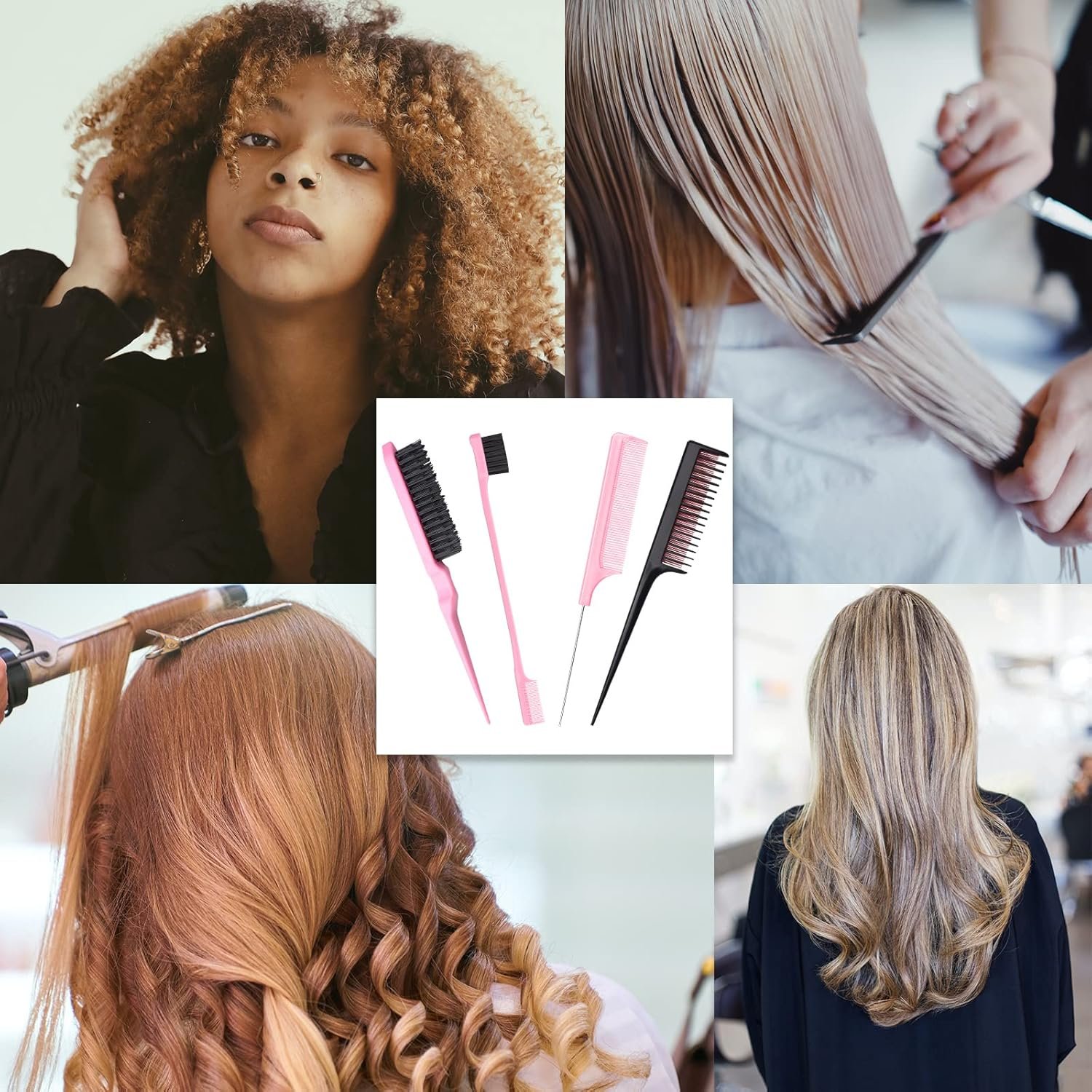 6 Pcs Hair Styling Comb Kit, Teasing Comb Brush Set Includes Fluffy Hair Brush, Double Sided Edge Control Brush, Triple Teasing Comb, Fine Metal Rat Tail Comb for Women Professional Barber (Pink) - Image 5