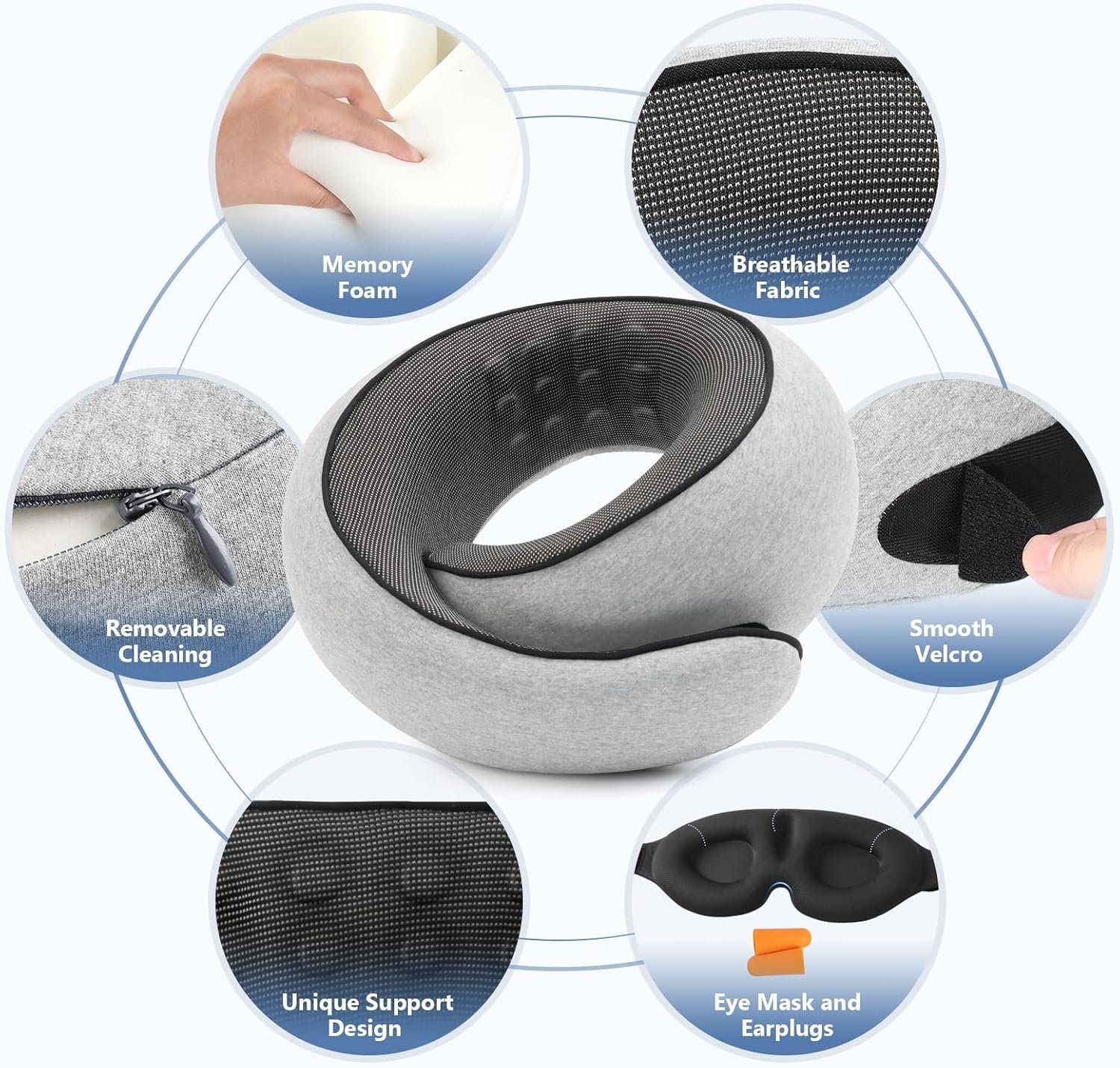 Purroch Neck Pillow Airplane, Travel Pillow with Eye Mask & Earplugs, Memory Foam Pillow with Adjustable Velcro Strap, Pillows for Travel, Plane, Car, Home, Work, Light Grey - Image 5
