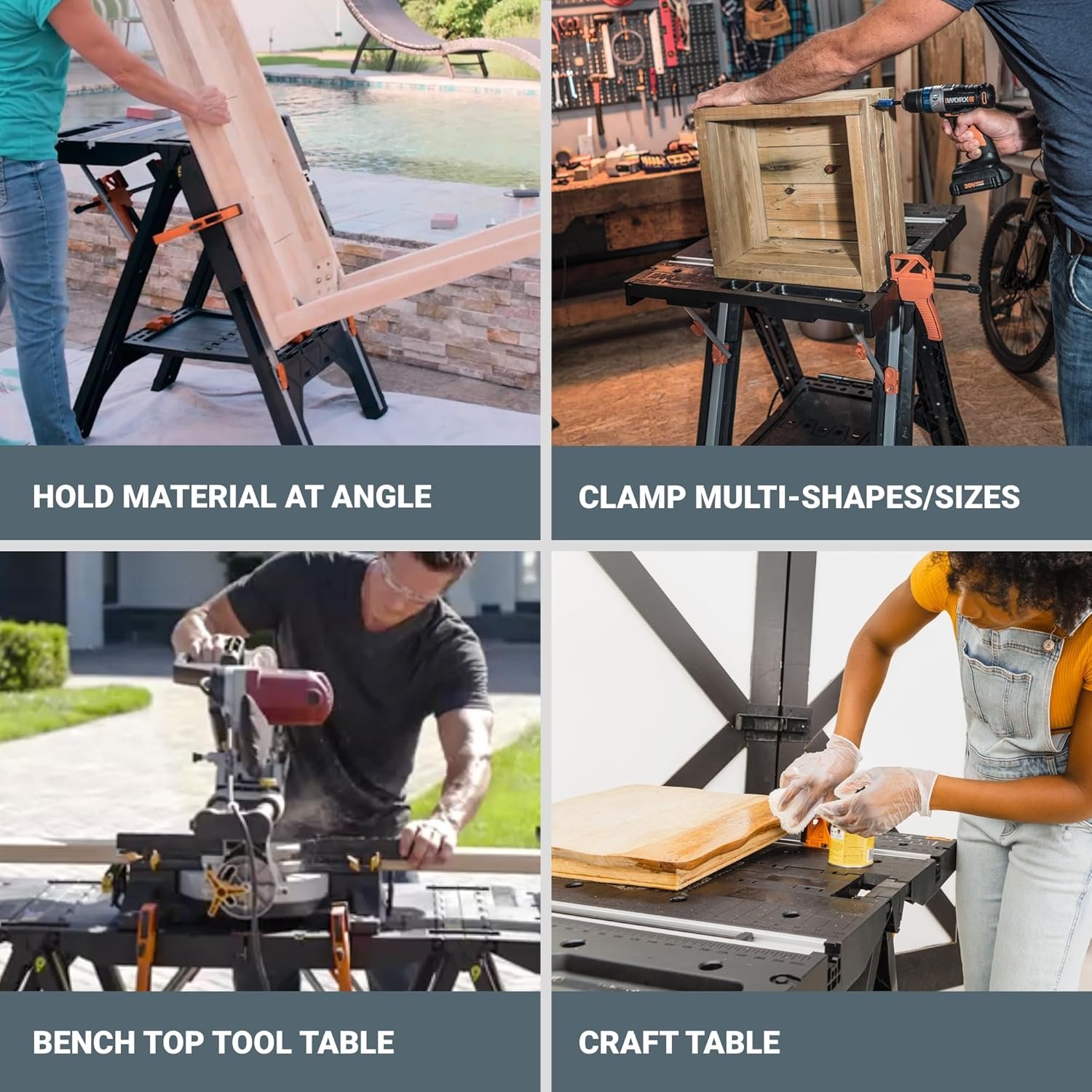 Worx Pegasus 2-in-1 Folding Work Table & Sawhorse, Easy Setup Portable Workbench, 31" W x 25" D x 32" H Lightweight Worktable with Heavy-Duty Load Capacity, WX051 - Includes 2 Clamps & 4 Clamp Dogs - Image 8