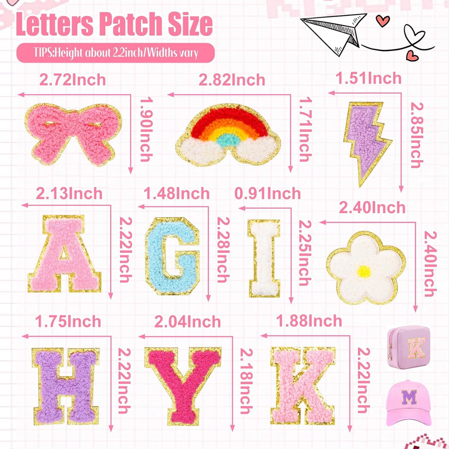 72 Pcs Preppy Chenille Patches Self Adhesive for DIY Clothing,Include 52 A-Z Chenille Letter Patches Stick on,20 Rainbow Flower Lighting Bowknot Embroidered Stickers Patches for Backpacks Bags Hats - Image 3