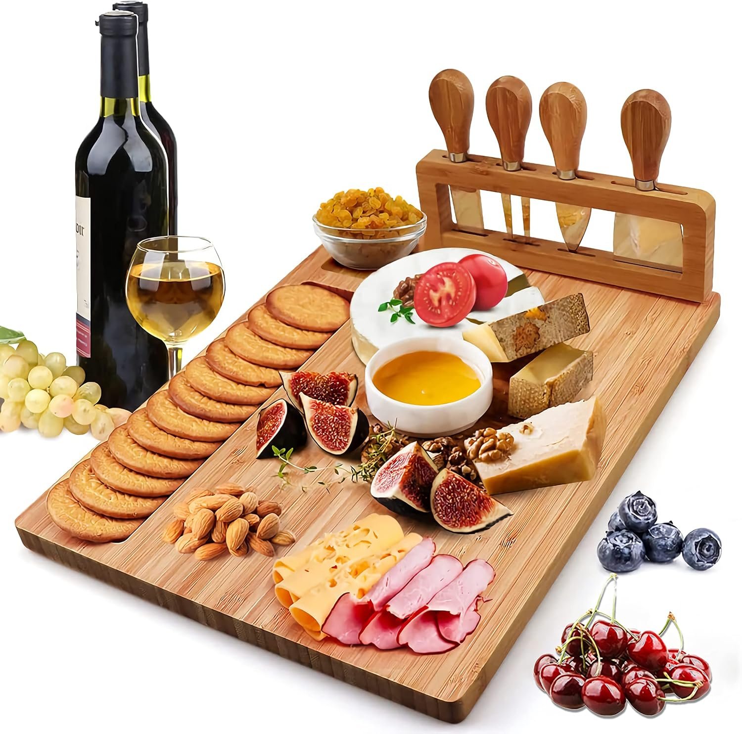Cheese Board and Knife Set,Bamboo Charcuterie Board,Wine Meat Cheese Platter Serving Board with 4 Stainless Steel Knife,Wooden Cheese Tray,Cheese Plate Set,Perfect for Birthday,Housewarming Gift