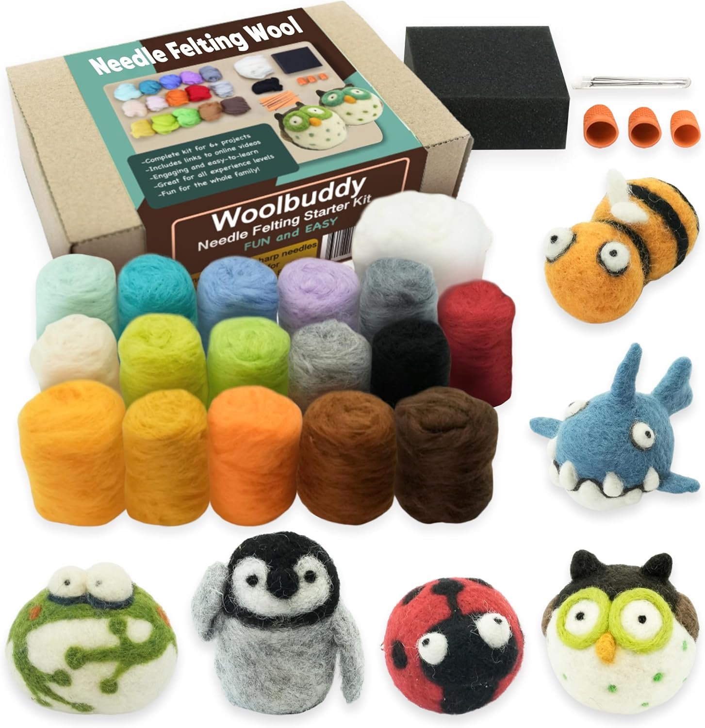 Woolbuddy Needle Felting Wool Kit – Starter Set to Make 6 Cute Animals – Includes Wool, Pad, Needles & Instructions for Beginners and Adults