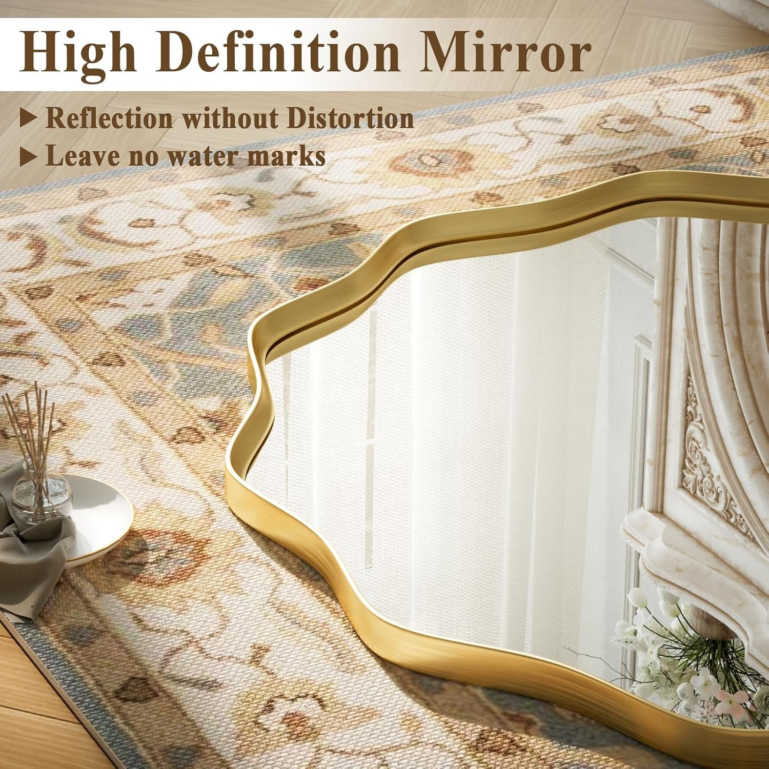 VooBang Gold Scalloped Circle Mirror, 24" Wavy Edge Round Wall Mirror with Tempered Glass Textured Circular Metal Deep Frame, Hanging Leaning for Bathroom, Hallway, Entryway, Livng Room - Image 2