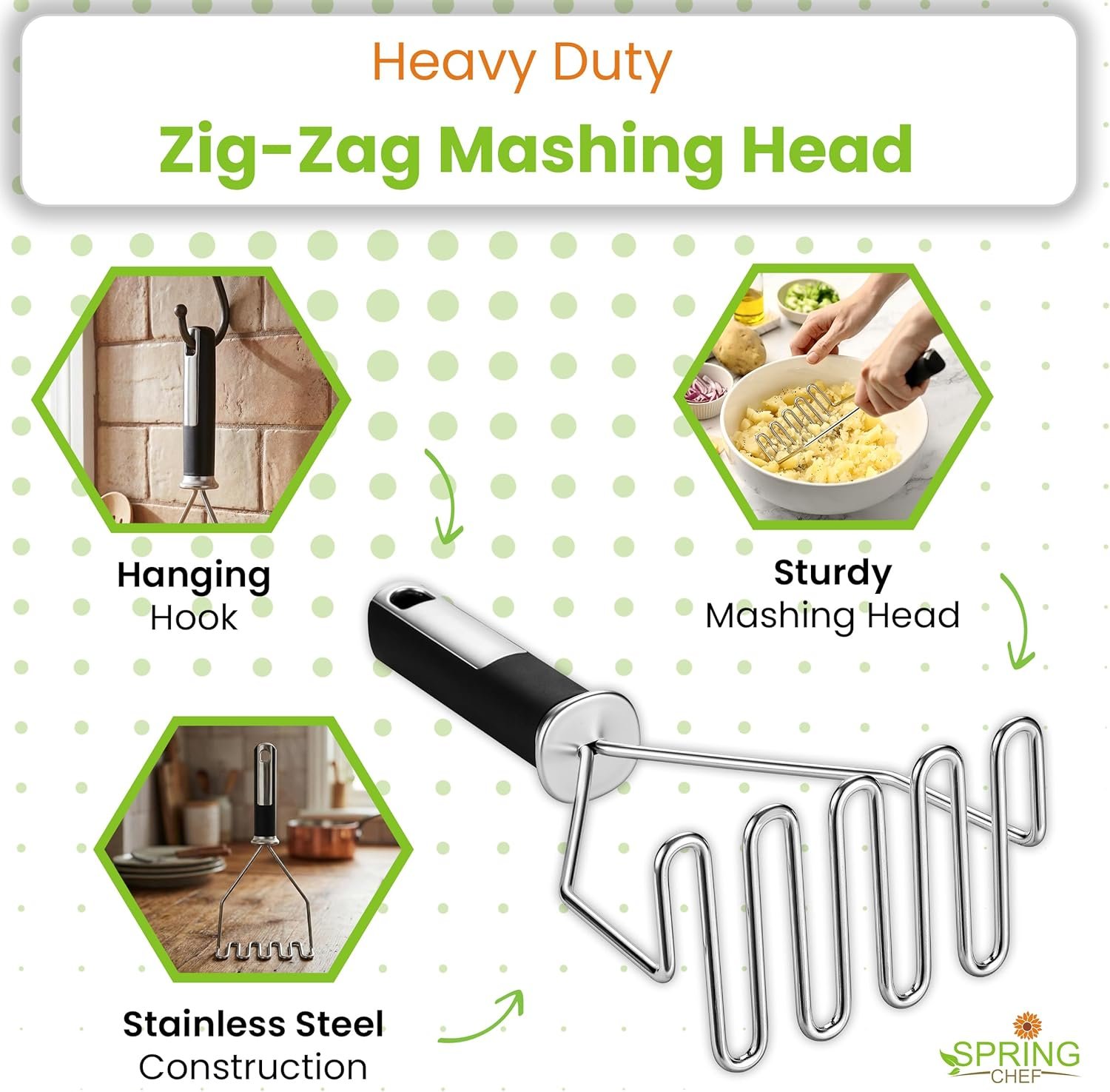 Spring Chef Potato Masher Stainless Steel - Heavy Duty Mashed Potato Masher Kitchen Tool - Fruit & Food Smasher For Avocado, Banana, Eggs - Bean Smasher Tool - Durable Metal Mashing Utensil - Image 3