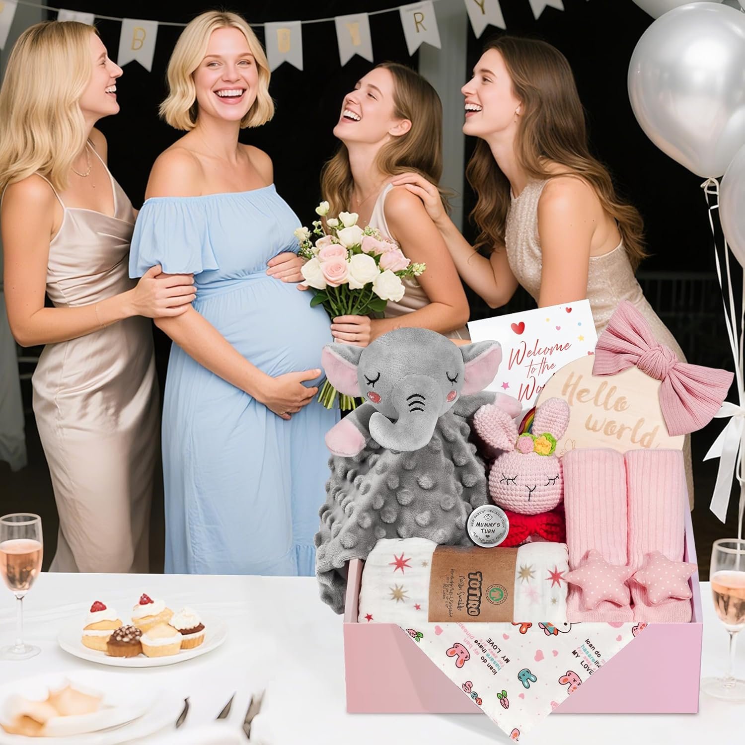 Newborn Baby Girl Gift, 9 Pcs Baby Gifts for Girls Newborn Essentials, New Baby Girl Gift Basket Baby Shower Gender Reveal Gifts, New Mom Gift Swaddle Blanket Bunny Rattle Gift Set - Image 2