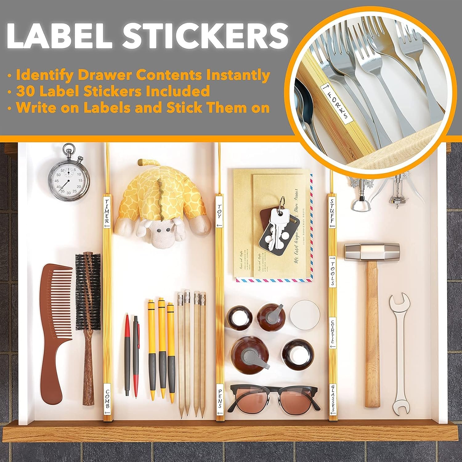 SpaceAid Bamboo Drawer Dividers with Labels, Kitchen Adjustable Drawer Organizers, Expandable Organization for Home, Office, Dressers and Bathroom, 6 Dividers (17-22 in) - Image 3