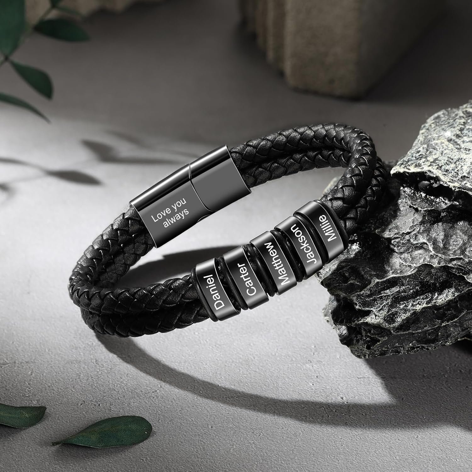 Personalized Leather Bracelet for Men Custom Engraved 2-6 Names Braided Dad Bracelet Unique Father's Day Gift for Dad, Husband, Boyfriend - Image 4
