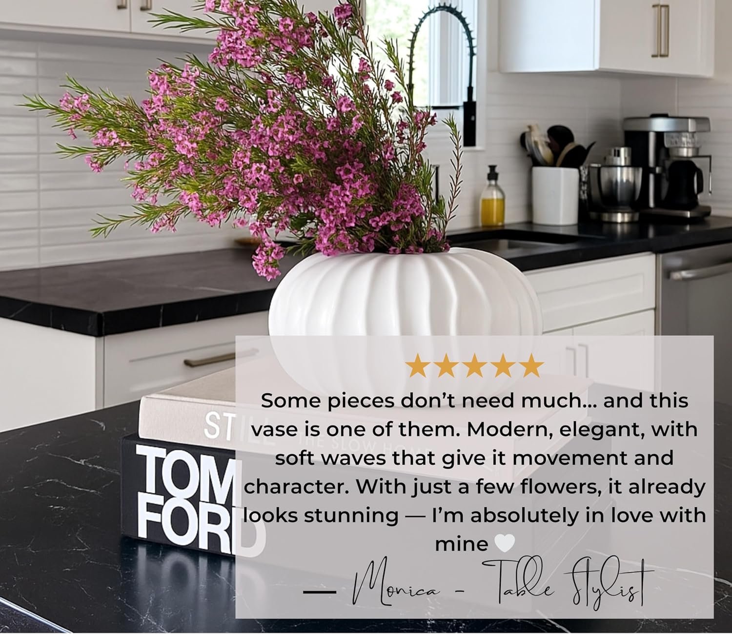 Pots & Patterns 11" Large White Ceramic Flower Vase - Modern Ribbed Low Profile Centerpiece for Dining Table & Home Decor - Image 9