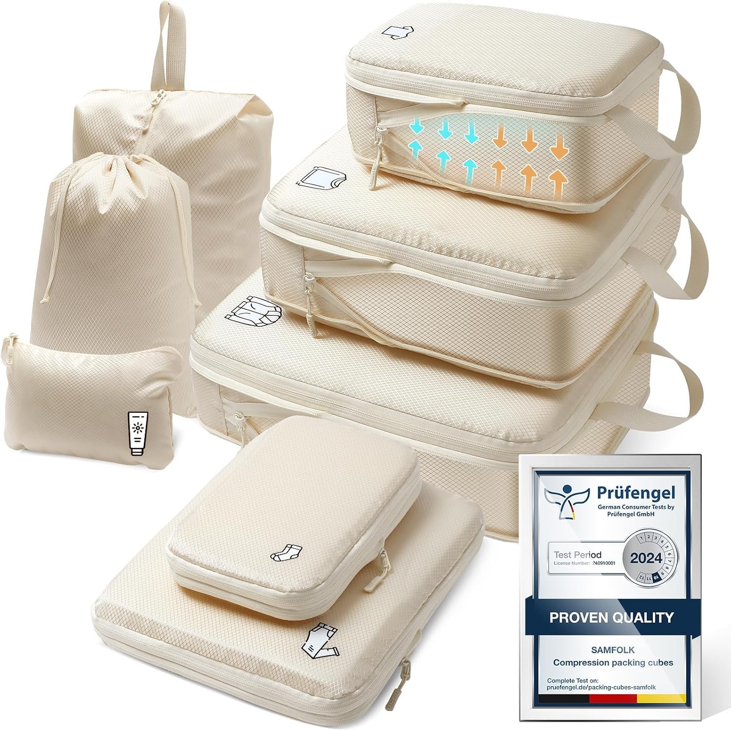 Samfolk Compression Packing Cubes for Suitcases, Ultralight Packing Cubes for Backpack Waterproof Luggage Packing Organizers Expandable Packing Cubes for Travel Accessories and Essentials 8 Set Beige