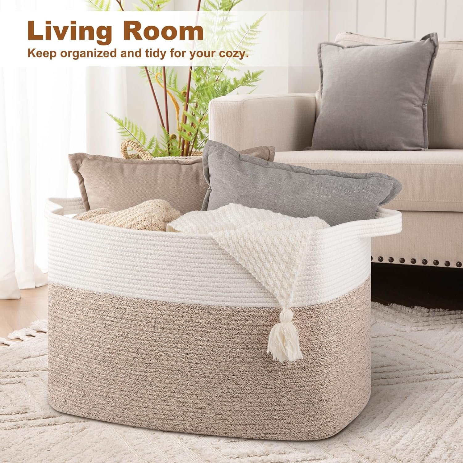 OIASKET 108L Cotton Rope Storage Basket for Living Room and Bedroom 25"x16"x16" Woven Laundry Basket, Heavy Duty Bin for Blankets, Pillows & Toys, Pet-Safe & Scratch-Free, Brown and White - Image 9