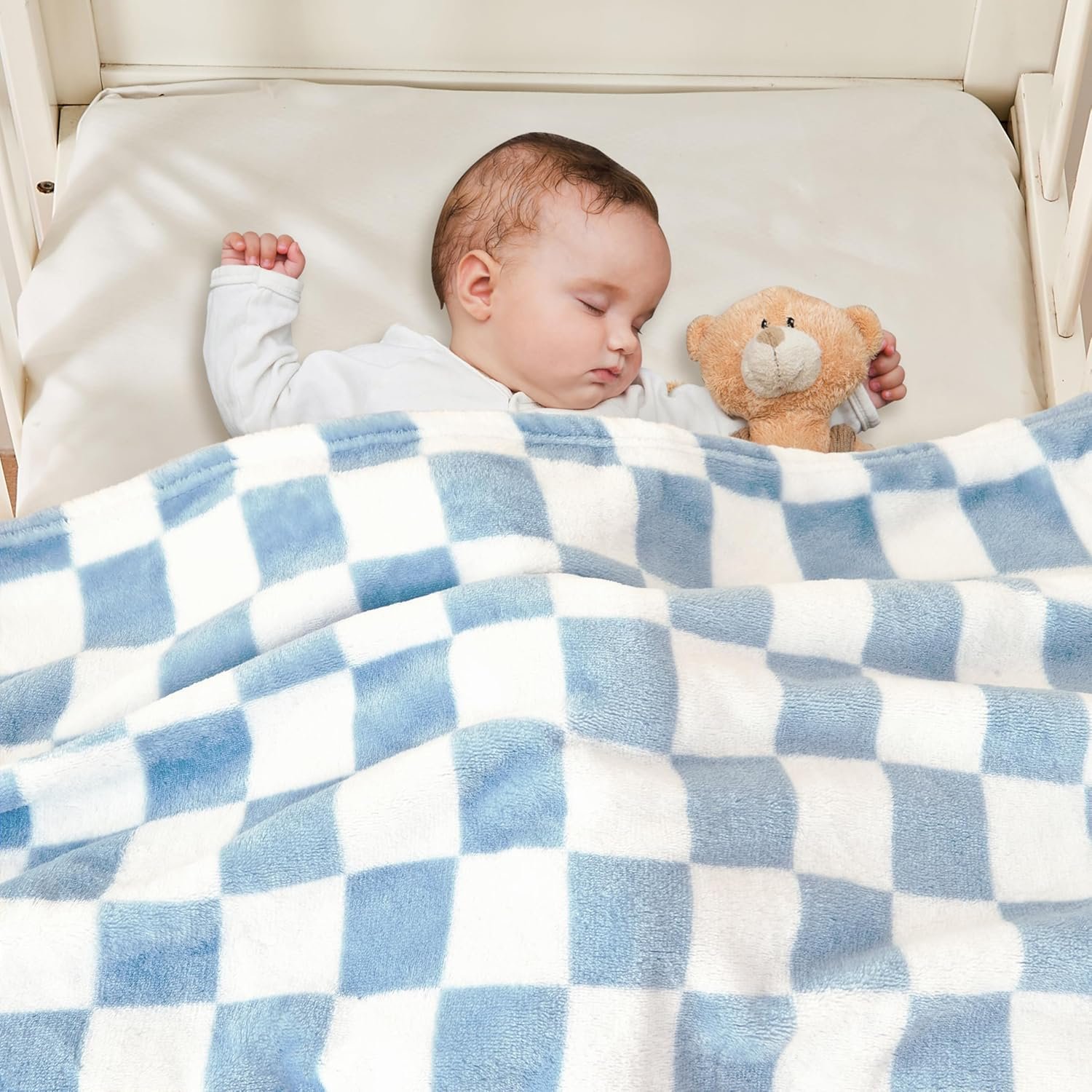 Yurhap Checkered Baby Blanket Fleece Baby Blankets for Boys, Ultra Soft Cozy Fluffy Infant Toddler Newborn Receiving Blankets for Crib Stroller, 30''x40'', Blue - Image 3