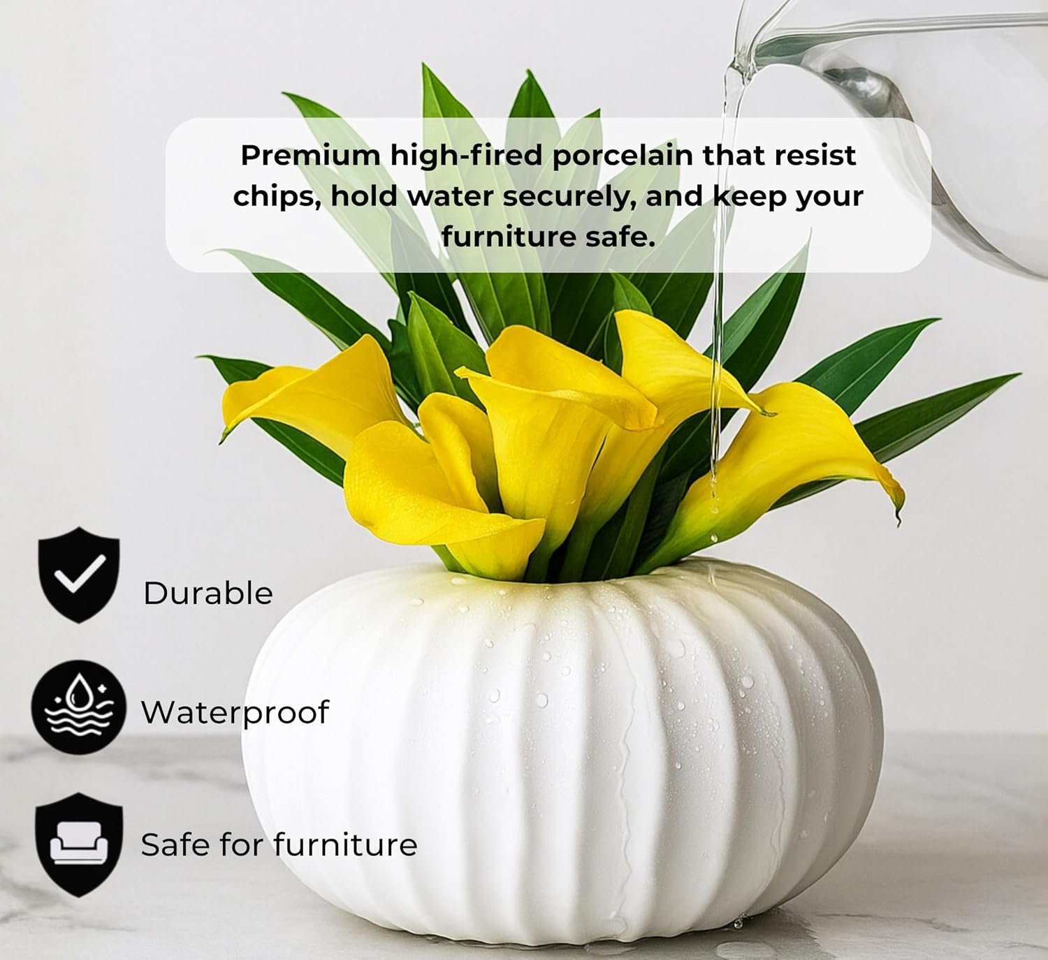 Pots & Patterns 11" Large White Ceramic Flower Vase - Modern Ribbed Low Profile Centerpiece for Dining Table & Home Decor - Image 6