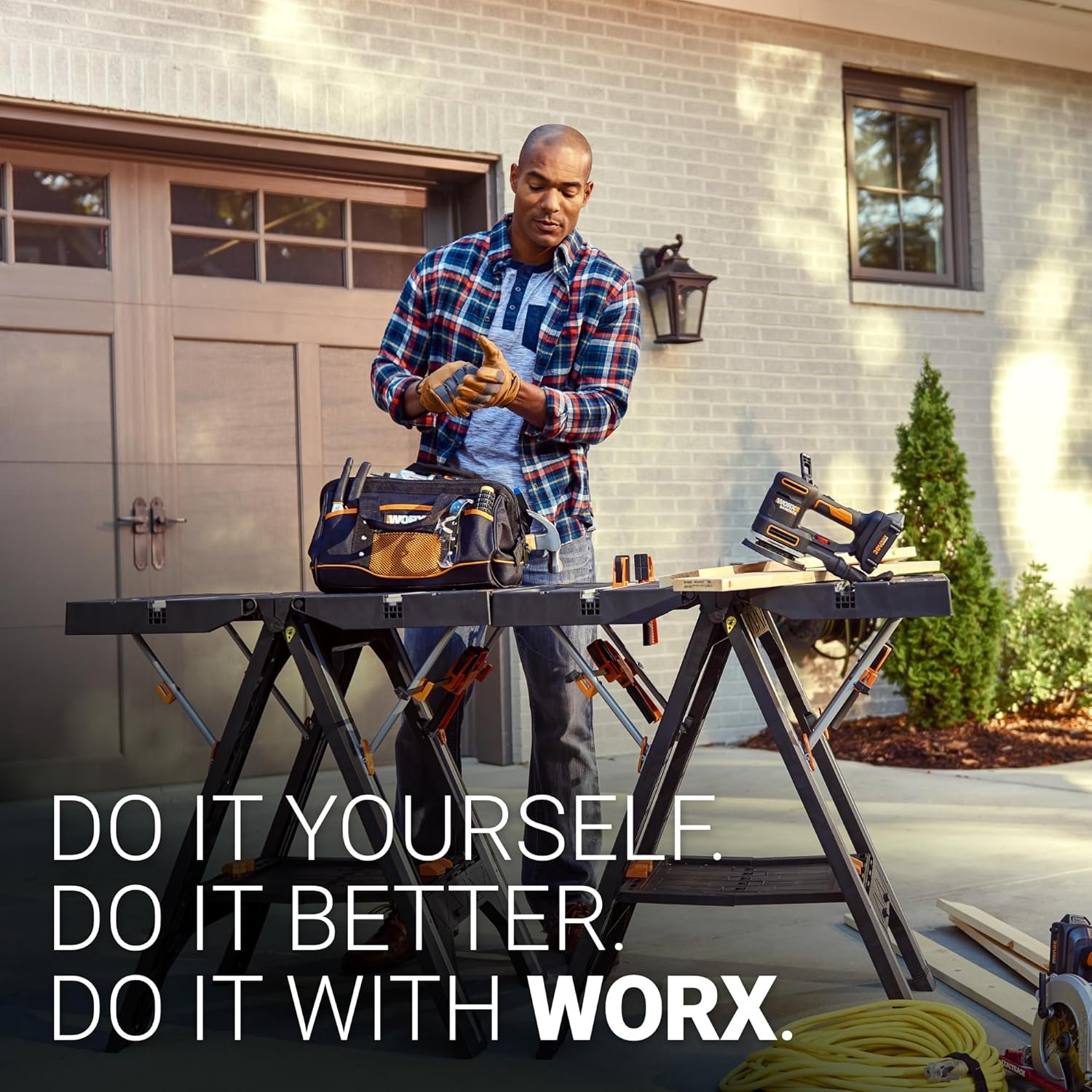 Worx Pegasus 2-in-1 Folding Work Table & Sawhorse, Easy Setup Portable Workbench, 31" W x 25" D x 32" H Lightweight Worktable with Heavy-Duty Load Capacity, WX051 - Includes 2 Clamps & 4 Clamp Dogs - Image 10