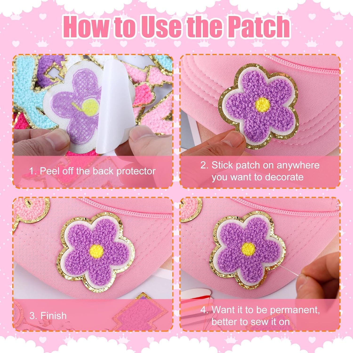 72 Pcs Preppy Chenille Patches Self Adhesive for DIY Clothing,Include 52 A-Z Chenille Letter Patches Stick on,20 Rainbow Flower Lighting Bowknot Embroidered Stickers Patches for Backpacks Bags Hats - Image 2