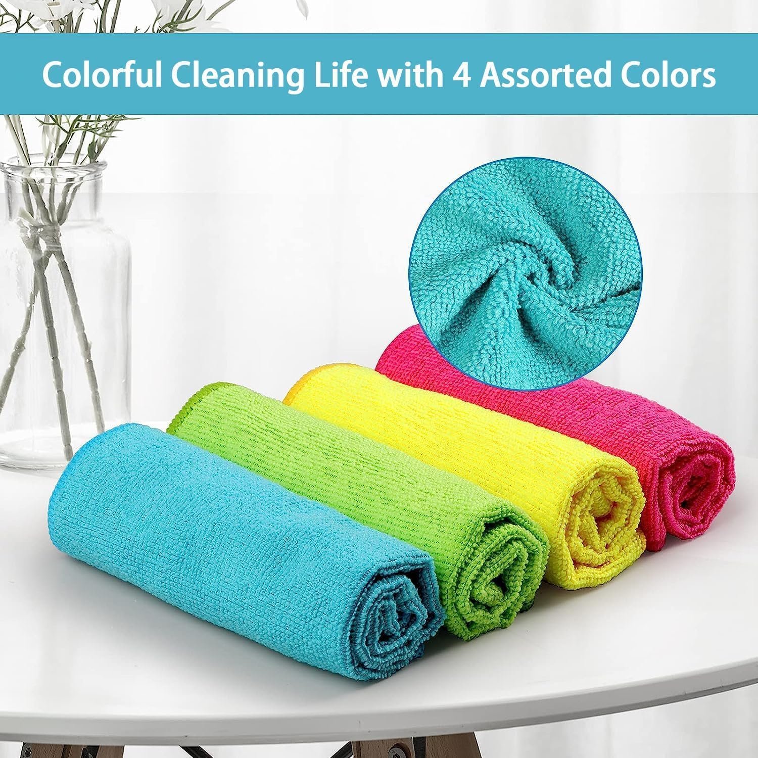 HOMEXCEL Microfiber Cleaning Cloth,12 Pack Cleaning Rag,Cleaning Towels with 4 Color Assorted,11.5"X11.5"(Green/Blue/Yellow/Pink) - Image 3