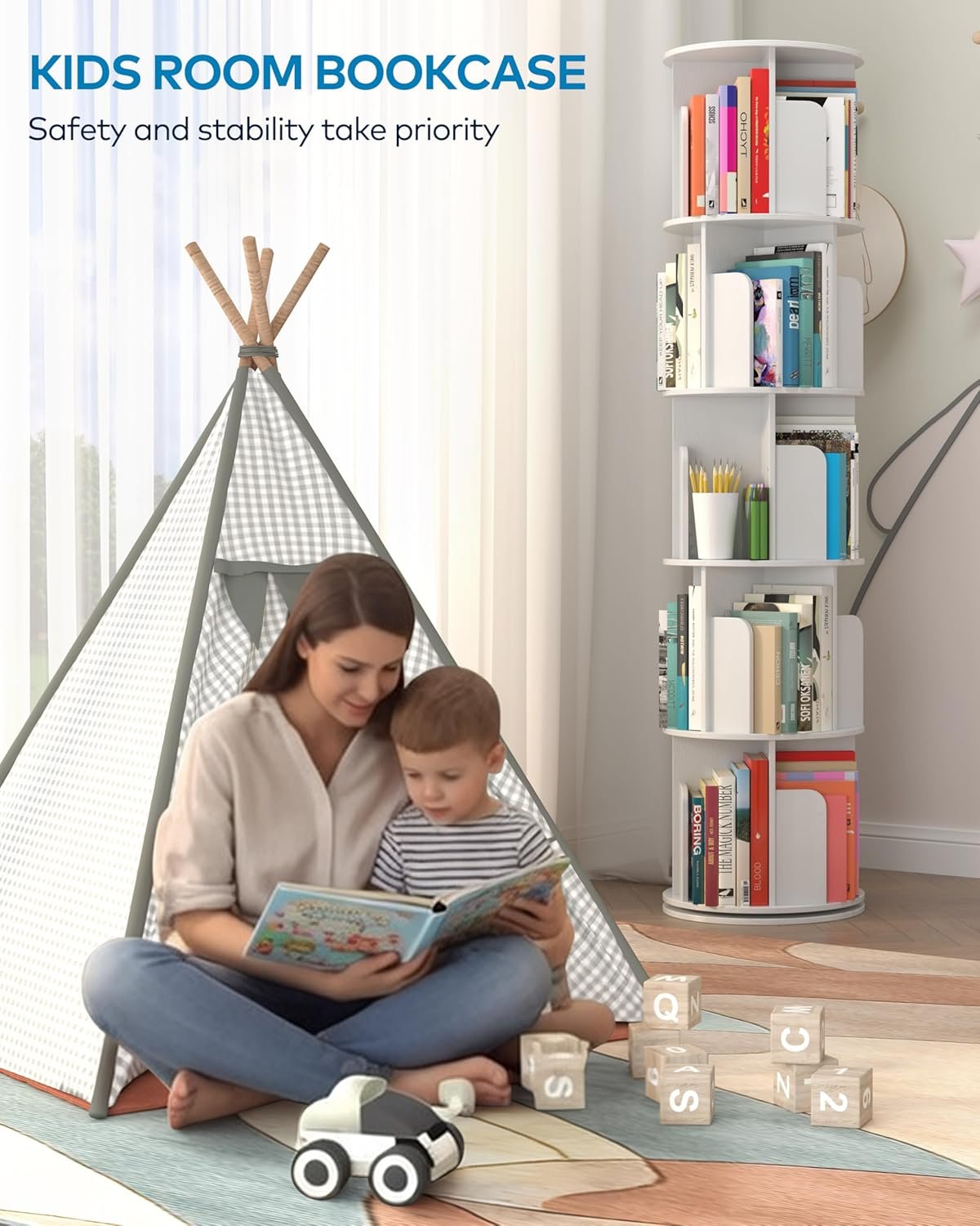 Rotating Bookshelf 5 Tier Tower, Round Spinning Bookcase 360° Revolving, MDF Kids Bookshelf with Adjustable Shelves for Small Spaces, Corner, Office, Easy Assembly Sturdy Organizer - Image 4