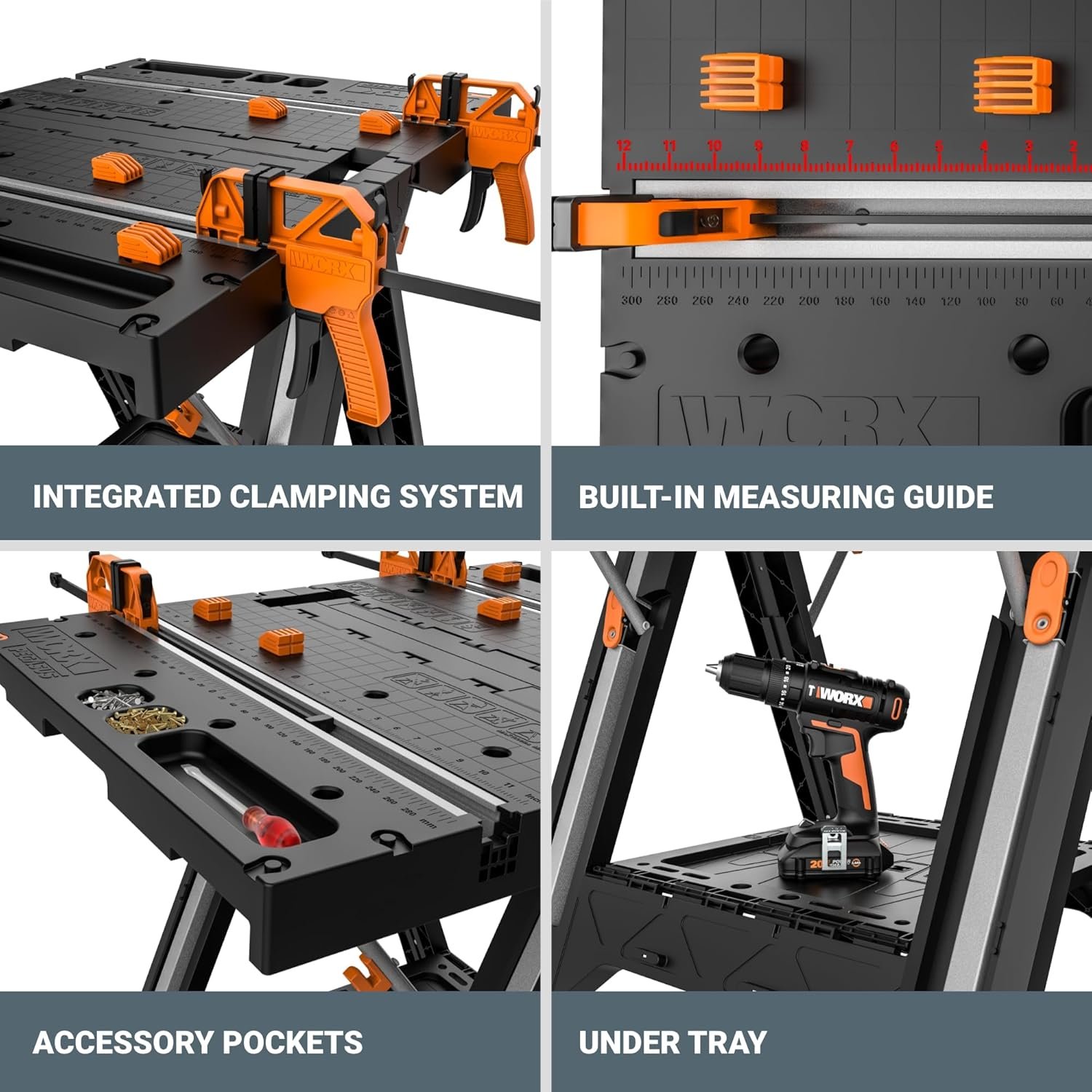 Worx Pegasus 2-in-1 Folding Work Table & Sawhorse, Easy Setup Portable Workbench, 31" W x 25" D x 32" H Lightweight Worktable with Heavy-Duty Load Capacity, WX051 - Includes 2 Clamps & 4 Clamp Dogs - Image 7
