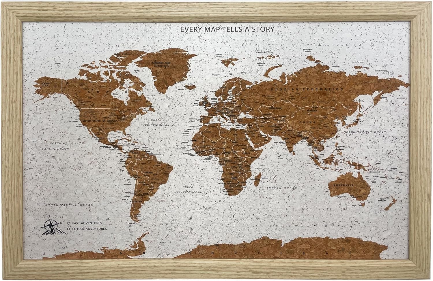 Gleneagles World Travel Map & Pin Board Beige - Framed Pinboard Cork Wooden Design 70 Push Pins Included | 14.2'' x 21.2'' Personalised Home Wanderlust Wall Art Decor for Travelers Geography