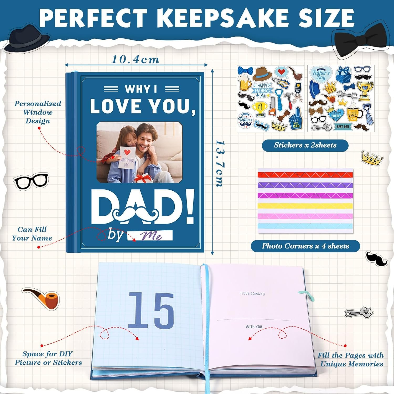 Why I Love You Dad Book Fill The Blank Dad Book Journal with Stickers Picture Corners DIY Personalized Christmas Birthday Father's Day Men Gifts Stocking Stuffer from Daughter Son(Blue) - Image 2