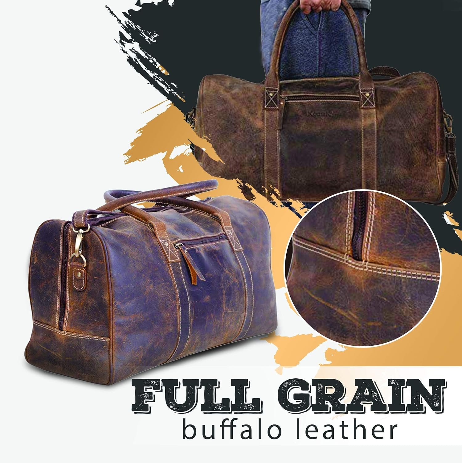 KomalC Leather Duffel Bag for Men Travel Bags Gym Sports Weekend Cabin Overnight Carry on Bag Full Grain Brown 24 inch - Image 4