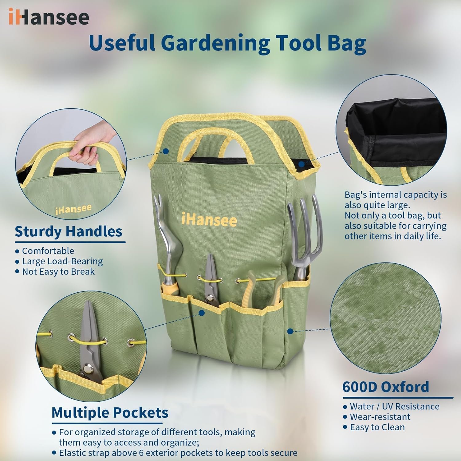 Set of 12 Garden Tools, iHansee Heavy-Duty Aluminum Gardening Tools Set with Rubber Non-Slip Handle, Garden Apron, Gloves, Kneeling Pad & Storage Bag, Ideal Gardening Gifts for Women Men Gardeners - Image 5