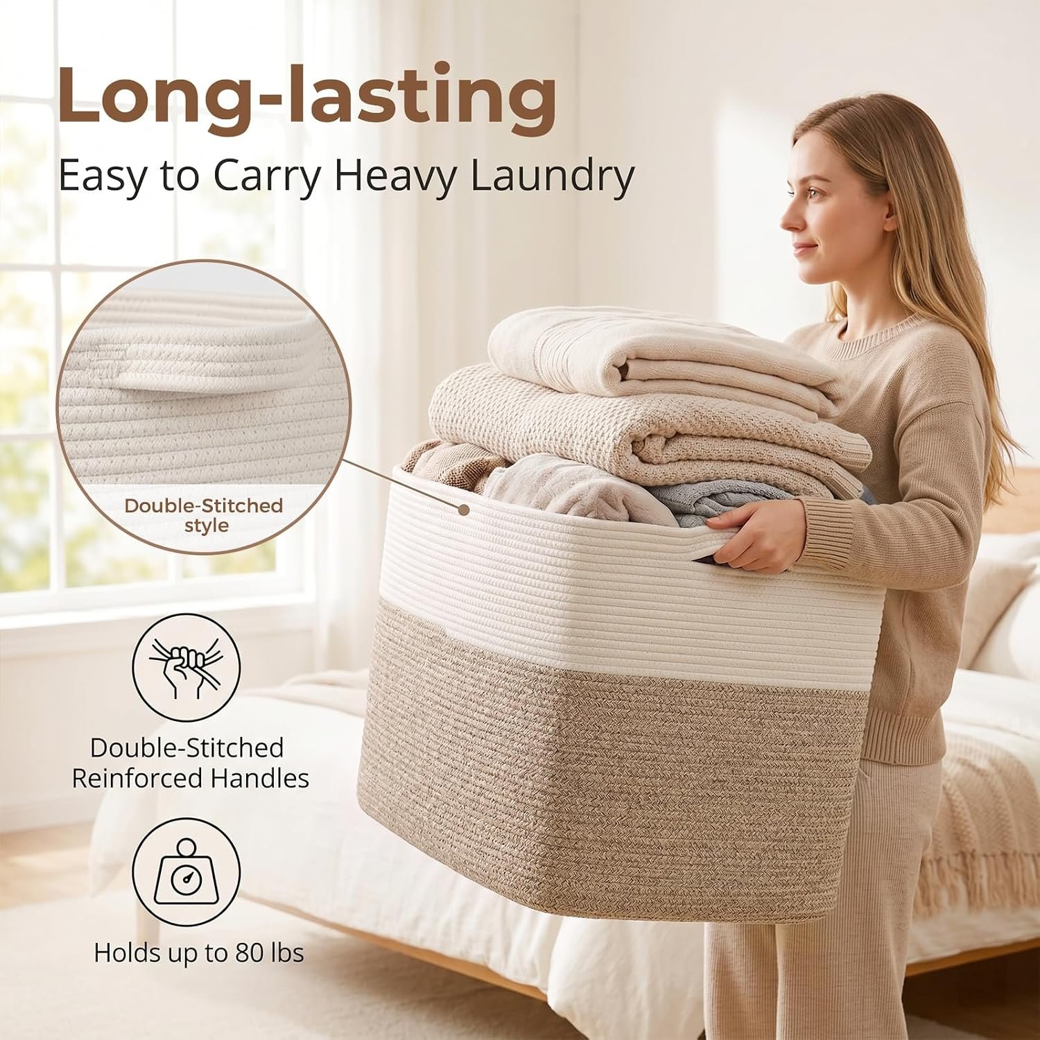 OIASKET 108L Cotton Rope Storage Basket for Living Room and Bedroom 25"x16"x16" Woven Laundry Basket, Heavy Duty Bin for Blankets, Pillows & Toys, Pet-Safe & Scratch-Free, Brown and White - Image 2