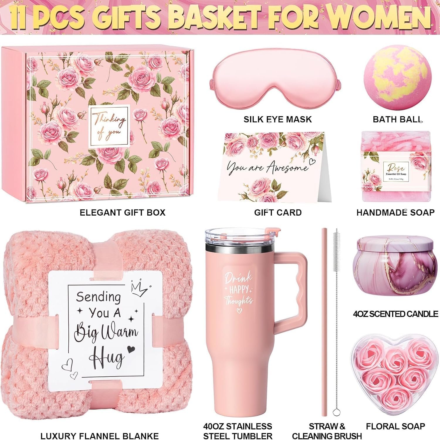 Birthday Gifts for Women Self Care Get Well Soon Gifts, Rose Relaxing Spa Gift Box Care Package Basket w/ Luxury Flannel Blanket 40 oz Tumbler, Mother's Day Gift for Mom Her Wife Girlfriend Sister - Image 4