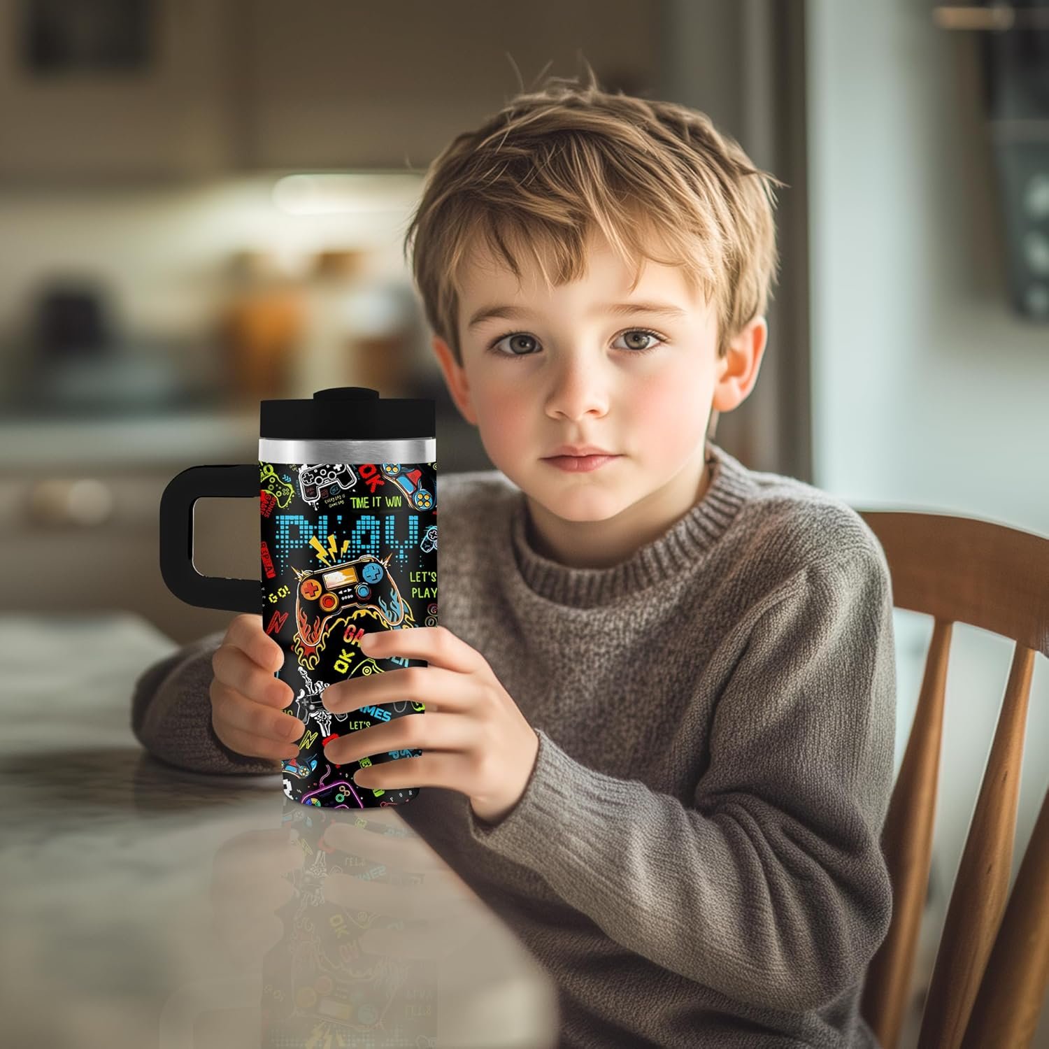 Gaming Game Tumbler with Handle Straw for Kids 14oz, Insulated Stainless Steel Gaming Mug Cup for Gamer Boys, Game Gifts for Kids Teen Boys Son Men - Image 3