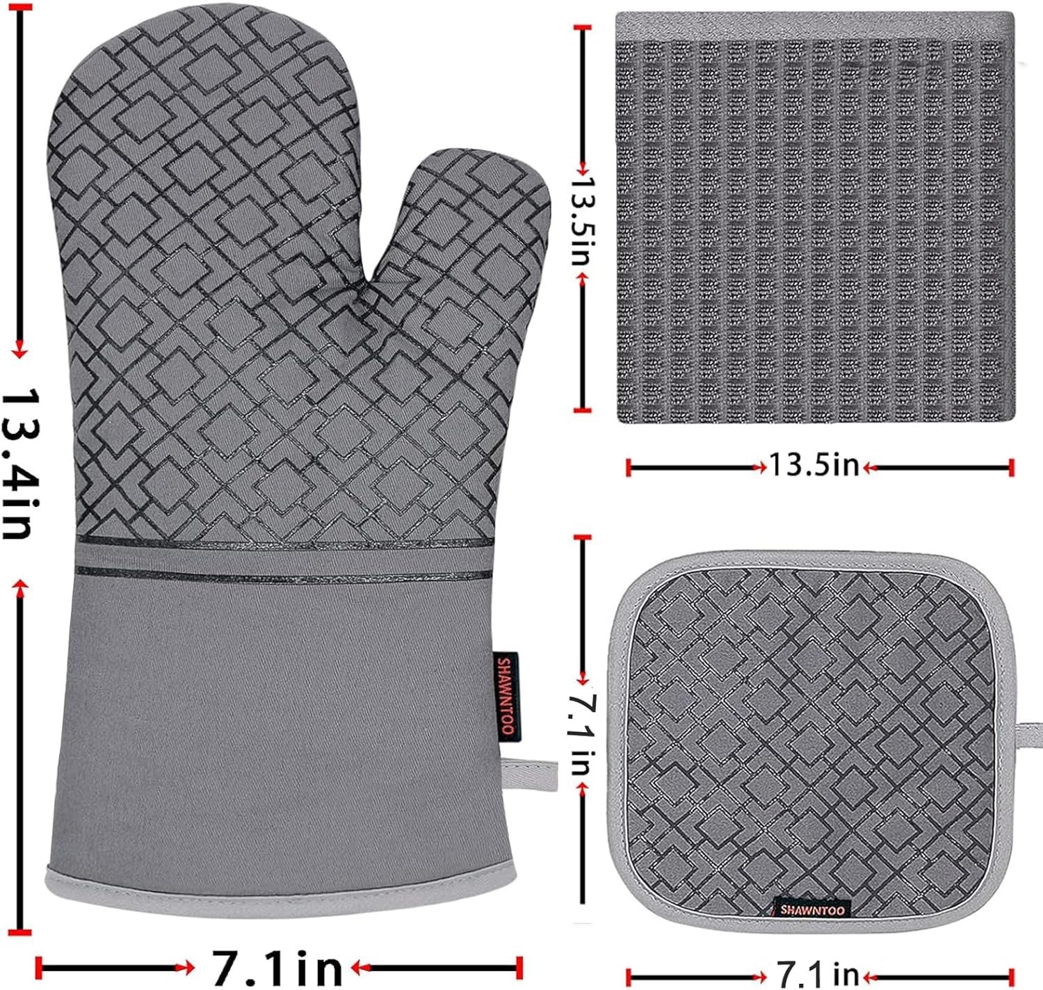Oven Mitts and Pot Holders Sets 6pcs, Kitchen Oven Glove,High Heat Resistant 550 Degree Extra Long Oven Mitts and Potholders with Non-Slip Silicone Surface for Home Essentials (Grey) (Gray) - Image 2