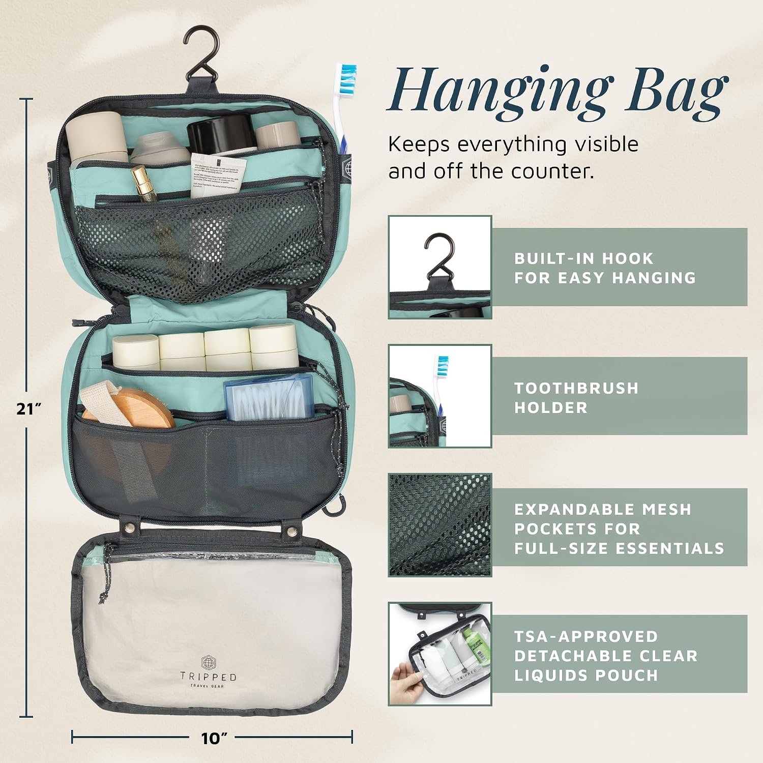 Toiletry Bag Kit 3 Piece Set: Hanging Travel Toiletry Bag + 311 TSA Cosmetic Liquid Bag + Accessory Organizer Pouch - Image 3